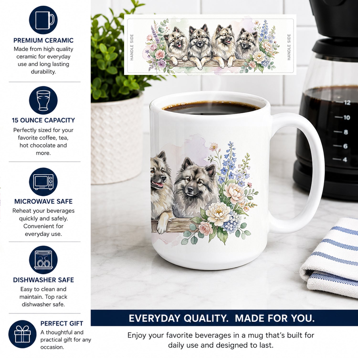 Keeshond Ceramic Coffee Mug 15 oz Decorative Large C Handle Mug Cup for Tea, Cocoa Hot Chocolate
