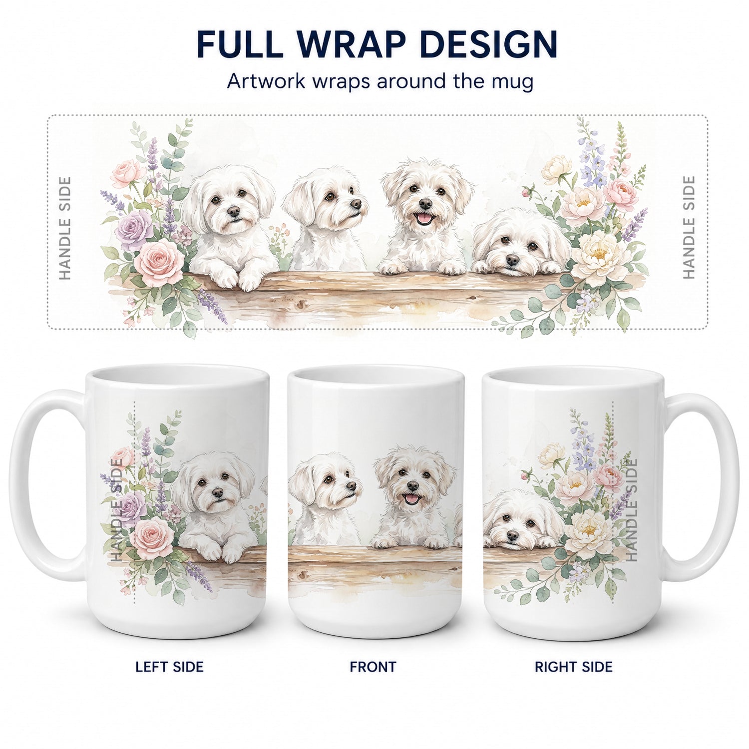 Maltese Ceramic Coffee Mug 15 oz Decorative Large C Handle Mug Cup for Tea, Cocoa Hot Chocolate