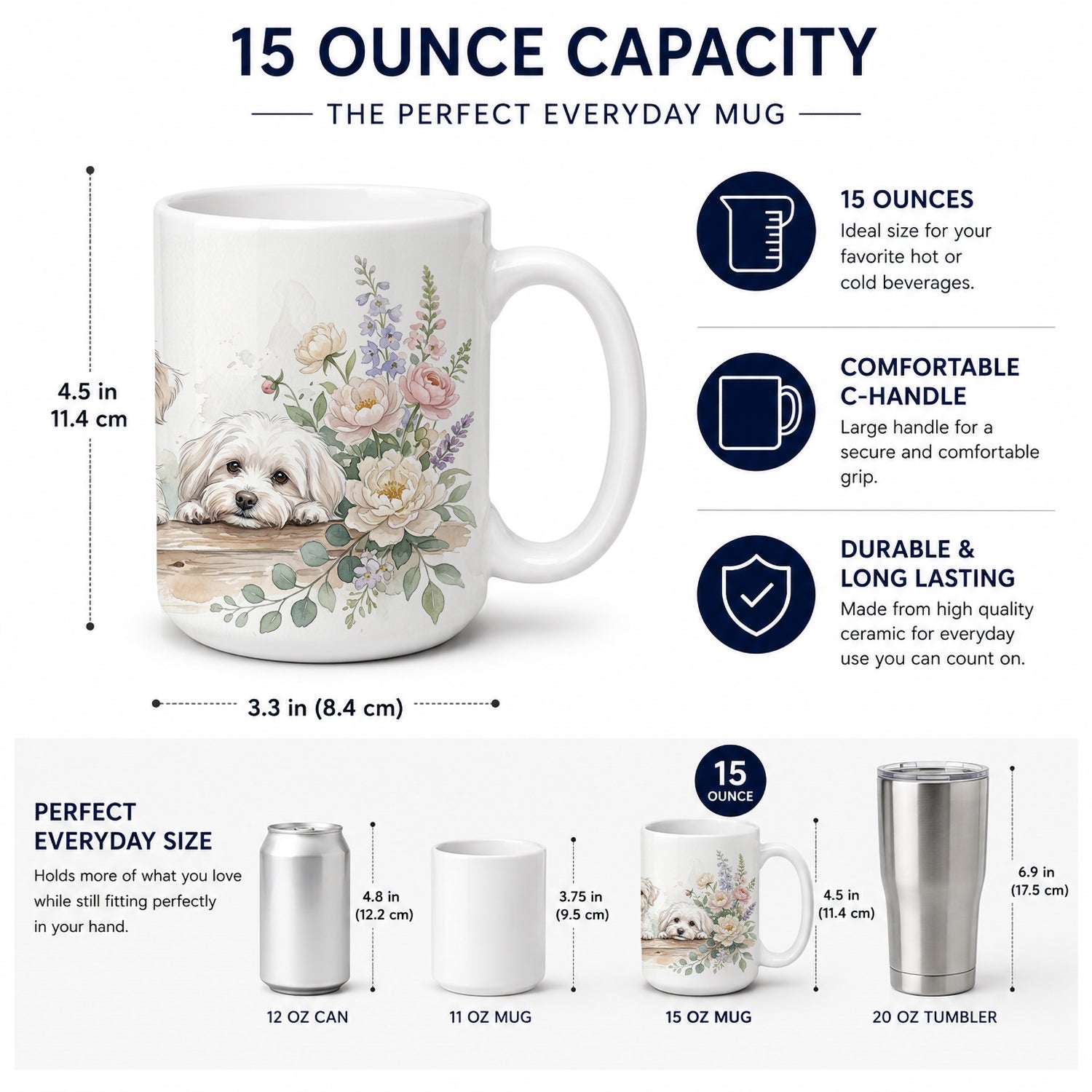 Maltese Ceramic Coffee Mug 15 oz Decorative Large C Handle Mug Cup for Tea, Cocoa Hot Chocolate