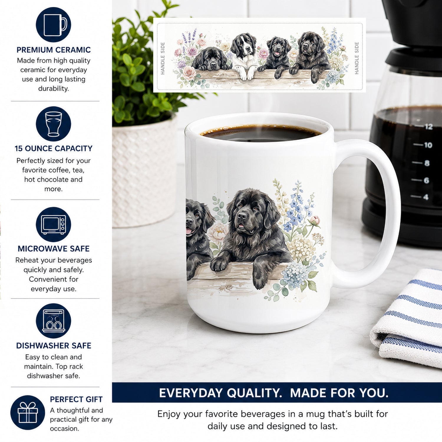 Newfoundland Ceramic Coffee Mug 15 oz Decorative Large C Handle Mug Cup for Tea, Cocoa Hot Chocolate
