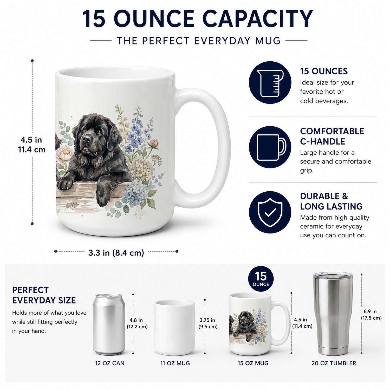 Newfoundland Ceramic Coffee Mug 15 oz Decorative Large C Handle Mug Cup for Tea, Cocoa Hot Chocolate