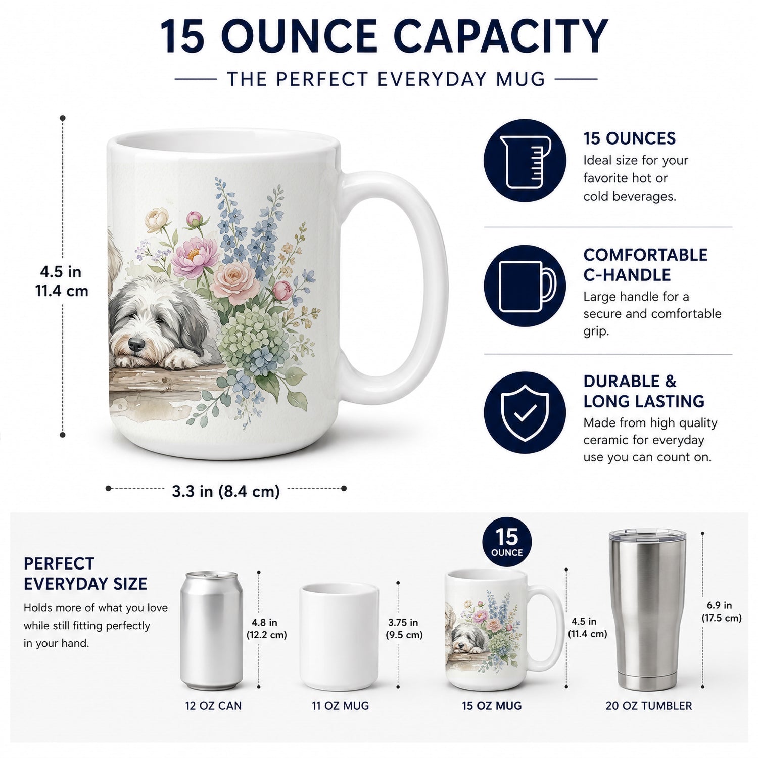 Old English Sheepdog Ceramic Coffee Mug 15 oz Decorative Large C Handle Mug Cup for Tea, Cocoa Hot Chocolate