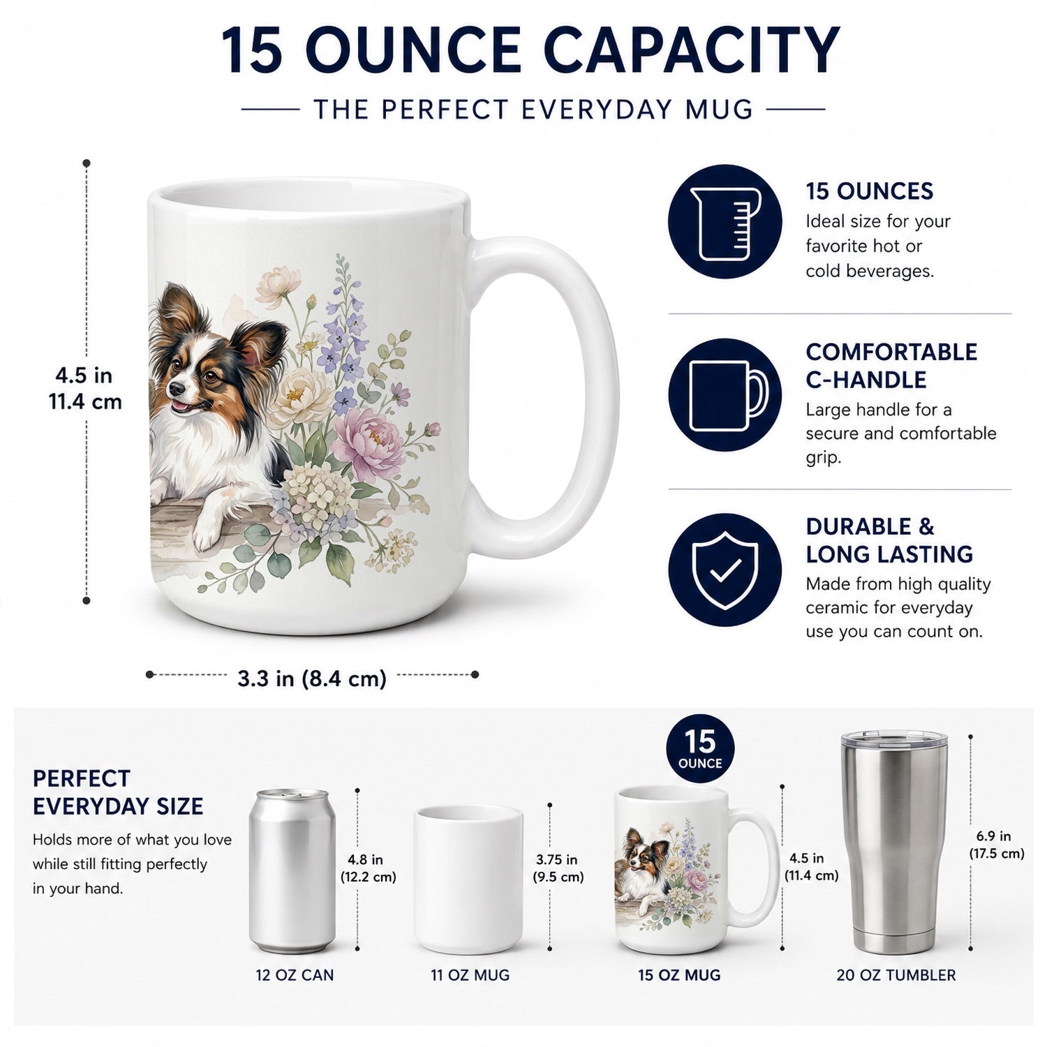 Papillon Ceramic Coffee Mug 15 oz Decorative Large C Handle Mug Cup for Tea, Cocoa Hot Chocolate