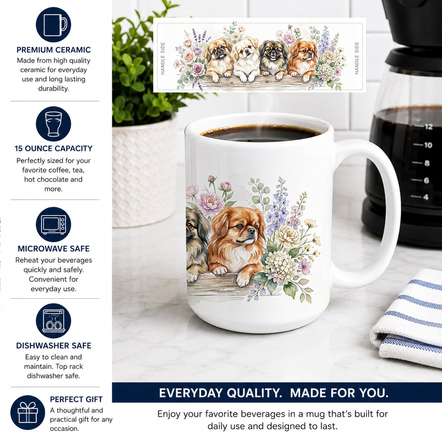 Pekingese Ceramic Coffee Mug 15 oz Decorative Large C Handle Mug Cup for Tea, Cocoa Hot Chocolate