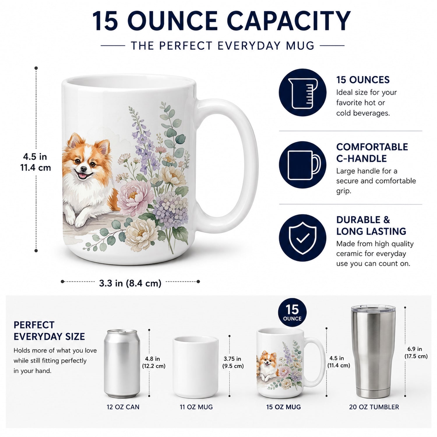 Pomeranian Ceramic Coffee Mug 15 oz Decorative Large C Handle Mug Cup for Tea, Cocoa Hot Chocolate