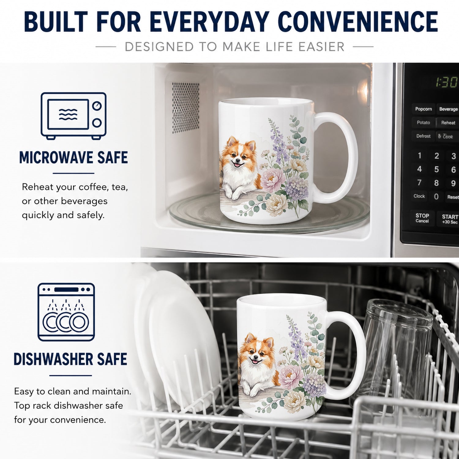 Pomeranian Ceramic Coffee Mug 15 oz Decorative Large C Handle Mug Cup for Tea, Cocoa Hot Chocolate