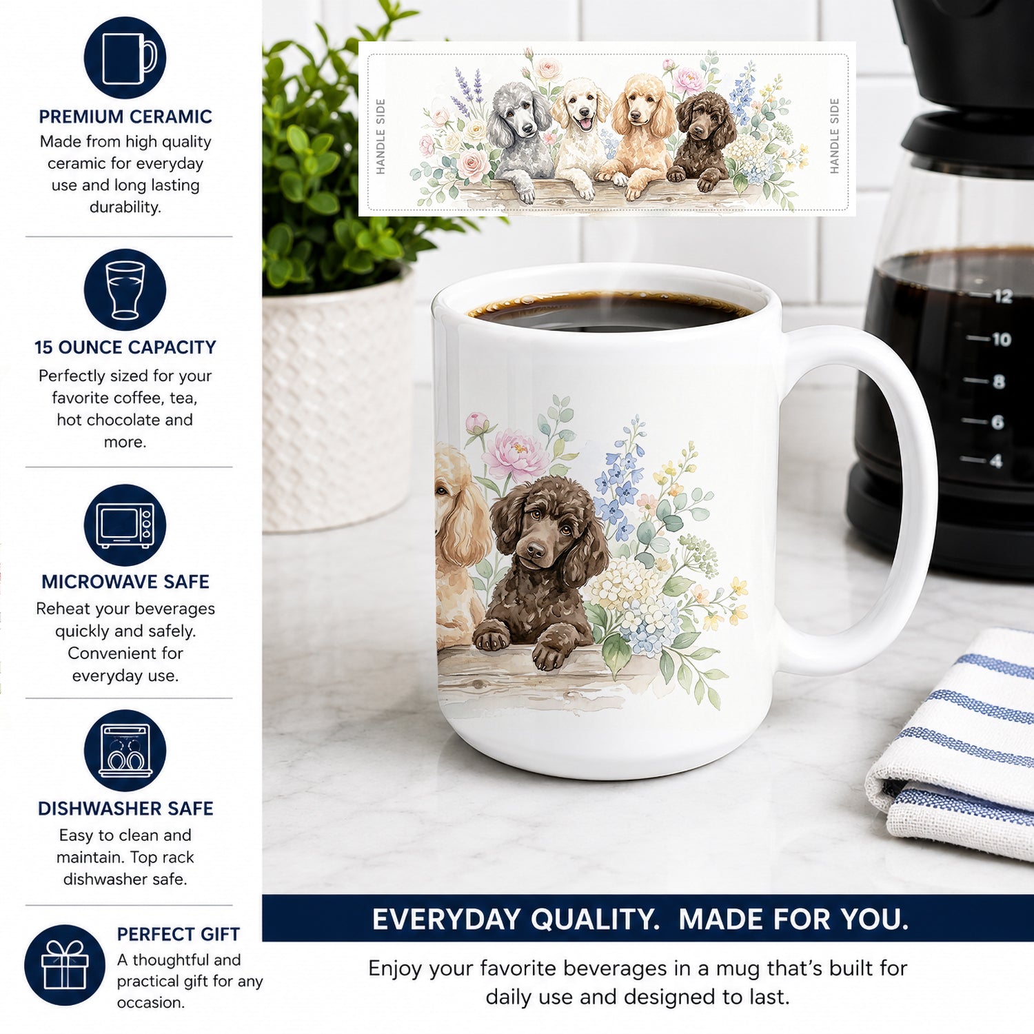 Poodle Ceramic Coffee Mug 15 oz Decorative Large C Handle Mug Cup for Tea, Cocoa Hot Chocolate