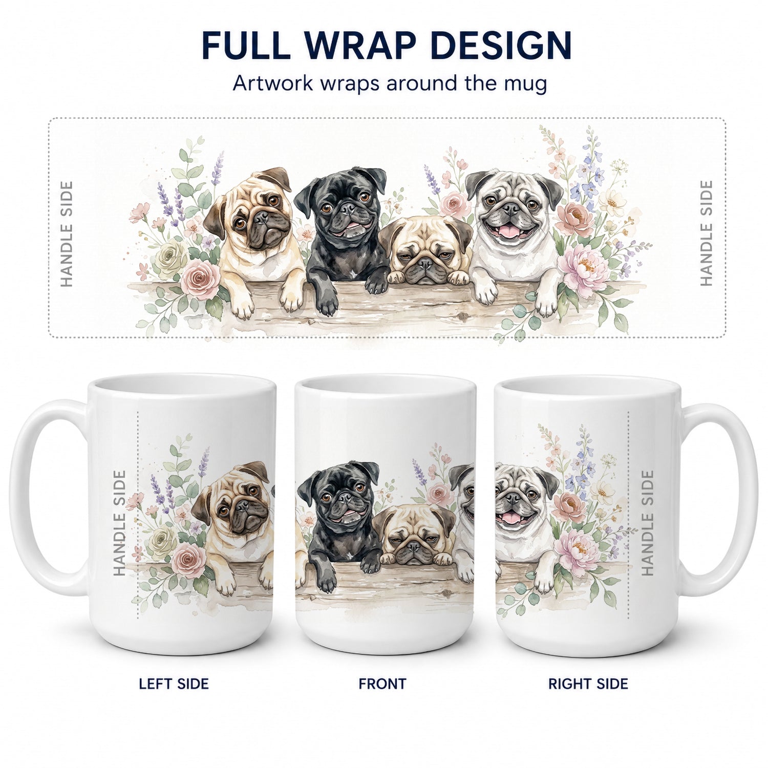 Pug Ceramic Coffee Mug 15 oz Decorative Large C Handle Mug Cup for Tea, Cocoa Hot Chocolate