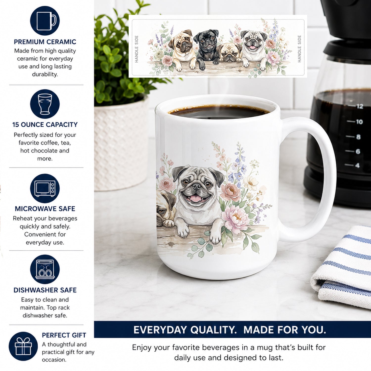 Pug Ceramic Coffee Mug 15 oz Decorative Large C Handle Mug Cup for Tea, Cocoa Hot Chocolate