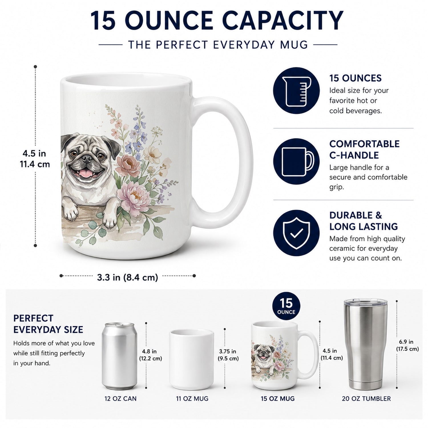 Pug Ceramic Coffee Mug 15 oz Decorative Large C Handle Mug Cup for Tea, Cocoa Hot Chocolate