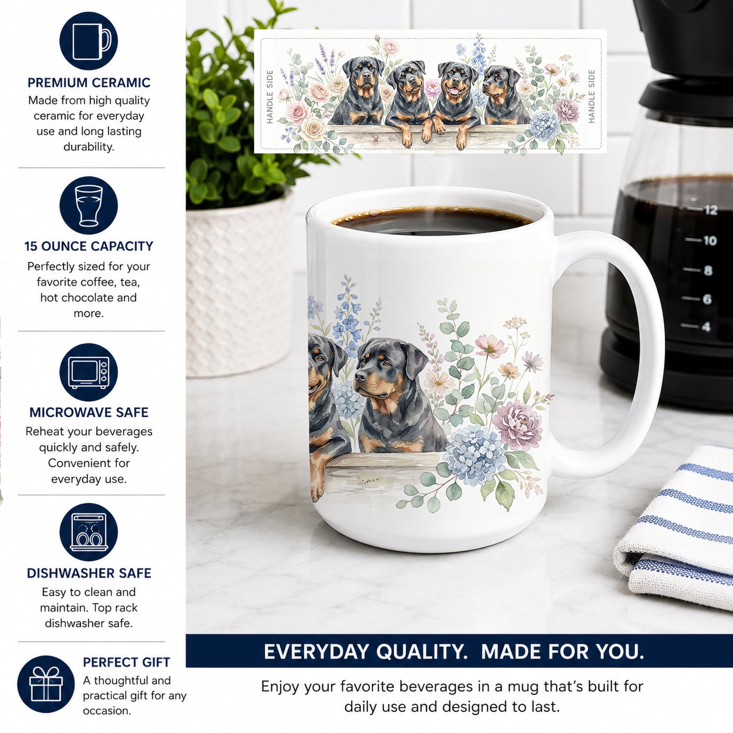 Rottweiler Ceramic Coffee Mug 15 oz Decorative Large C Handle Mug Cup for Tea, Cocoa Hot Chocolate