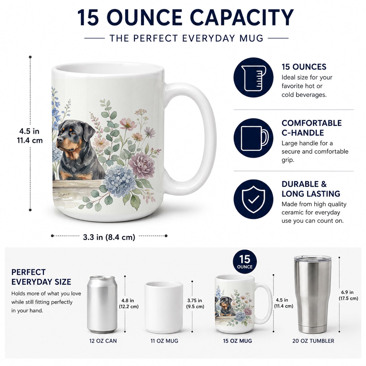Rottweiler Ceramic Coffee Mug 15 oz Decorative Large C Handle Mug Cup for Tea, Cocoa Hot Chocolate