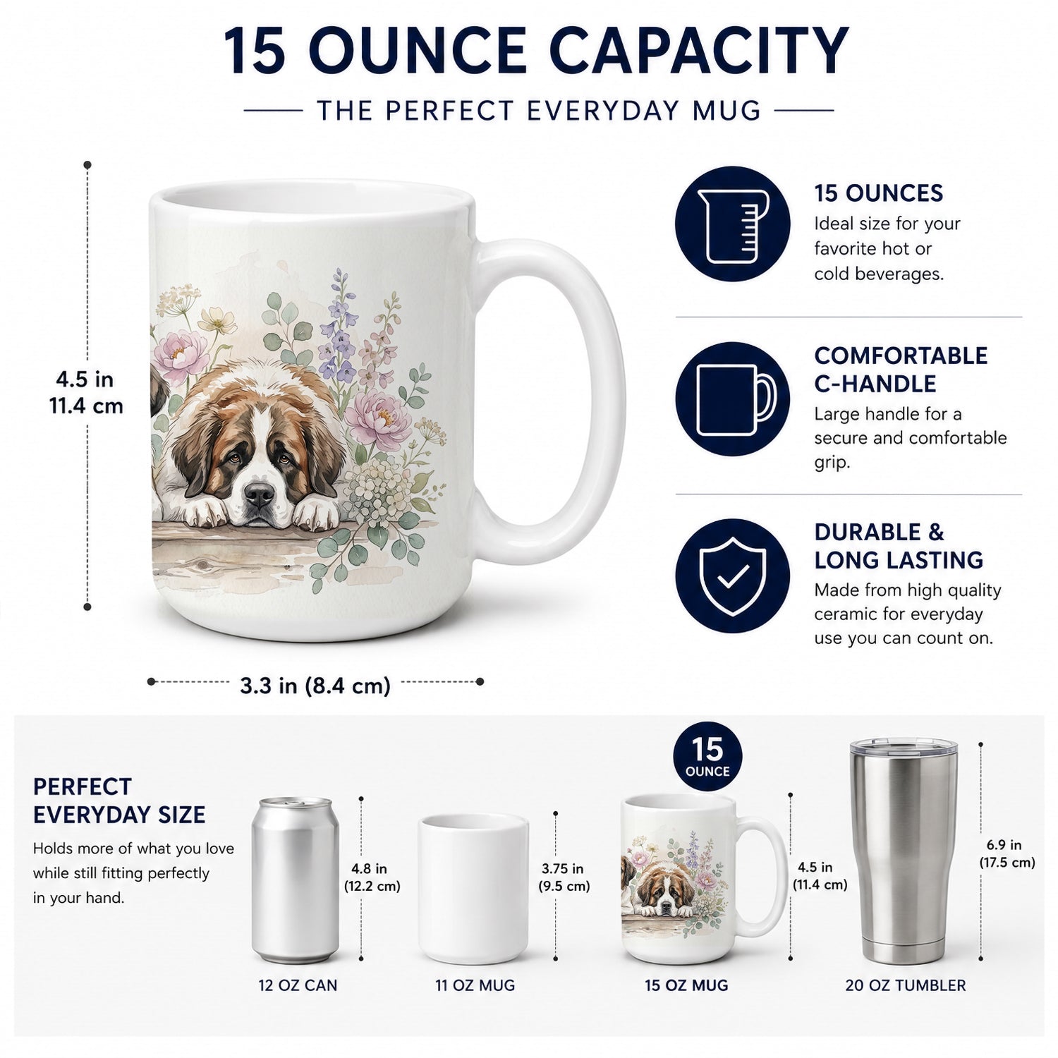 Saint Bernard Ceramic Coffee Mug 15 oz Decorative Large C Handle Mug Cup for Tea, Cocoa Hot Chocolate