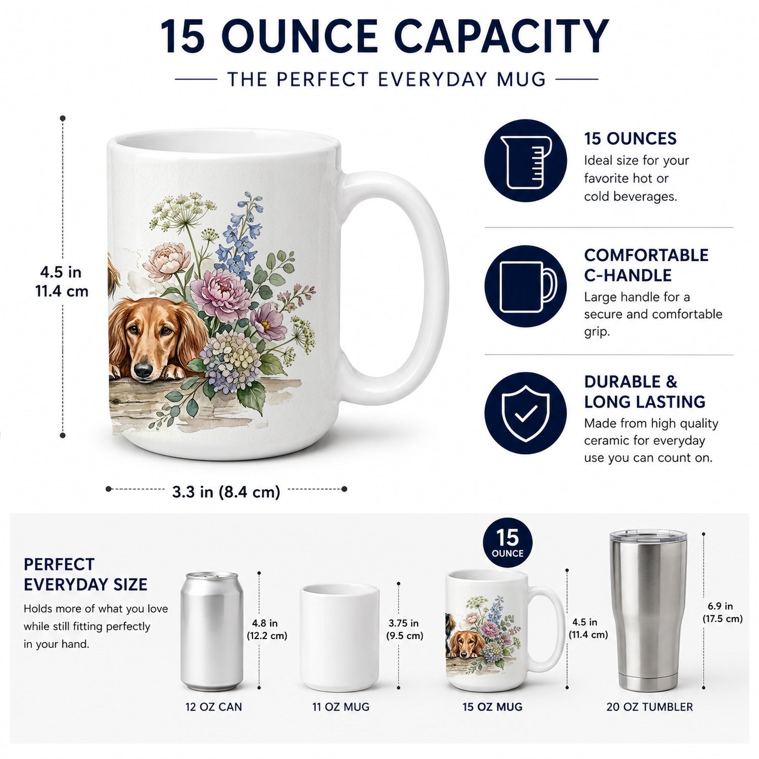 Saluki Ceramic Coffee Mug 15 oz Decorative Large C Handle Mug Cup for Tea, Cocoa Hot Chocolate