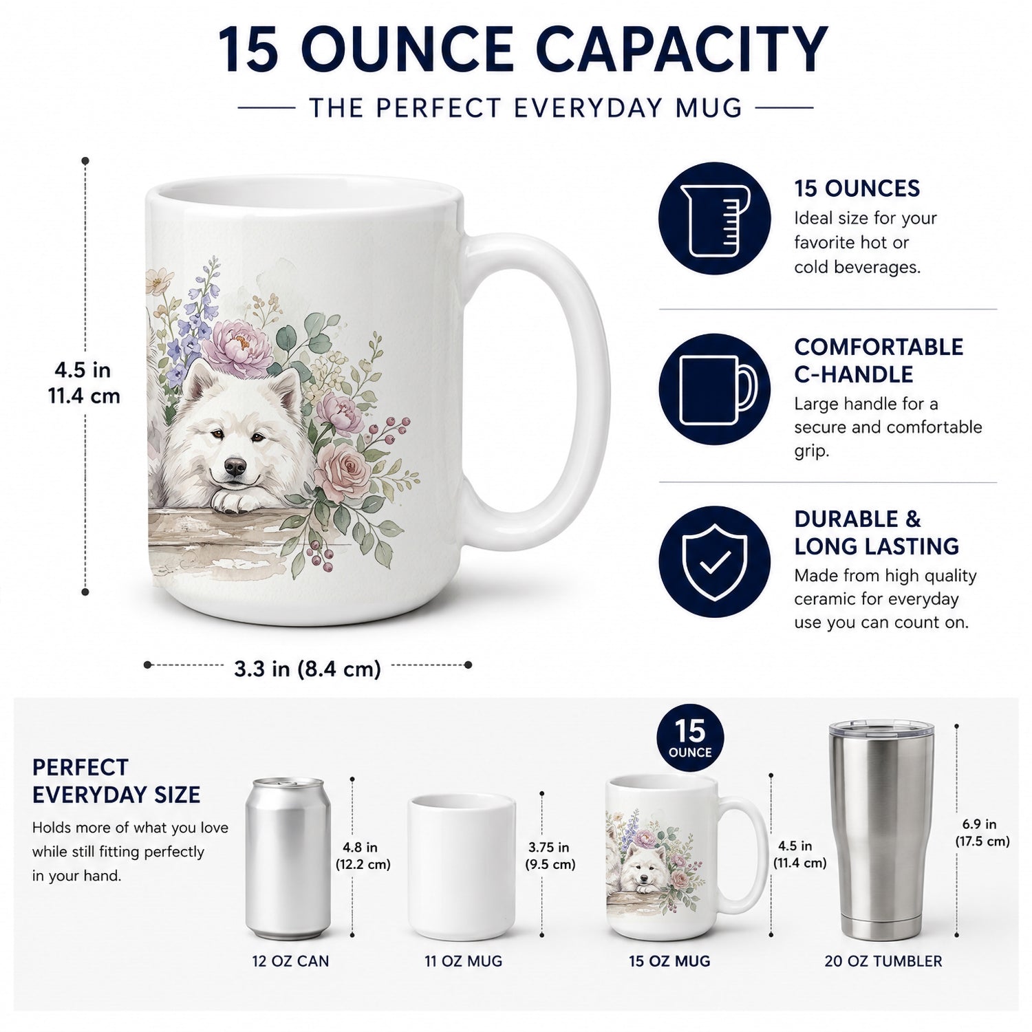 Samoyed Ceramic Coffee Mug 15 oz Decorative Large C Handle Mug Cup for Tea, Cocoa Hot Chocolate