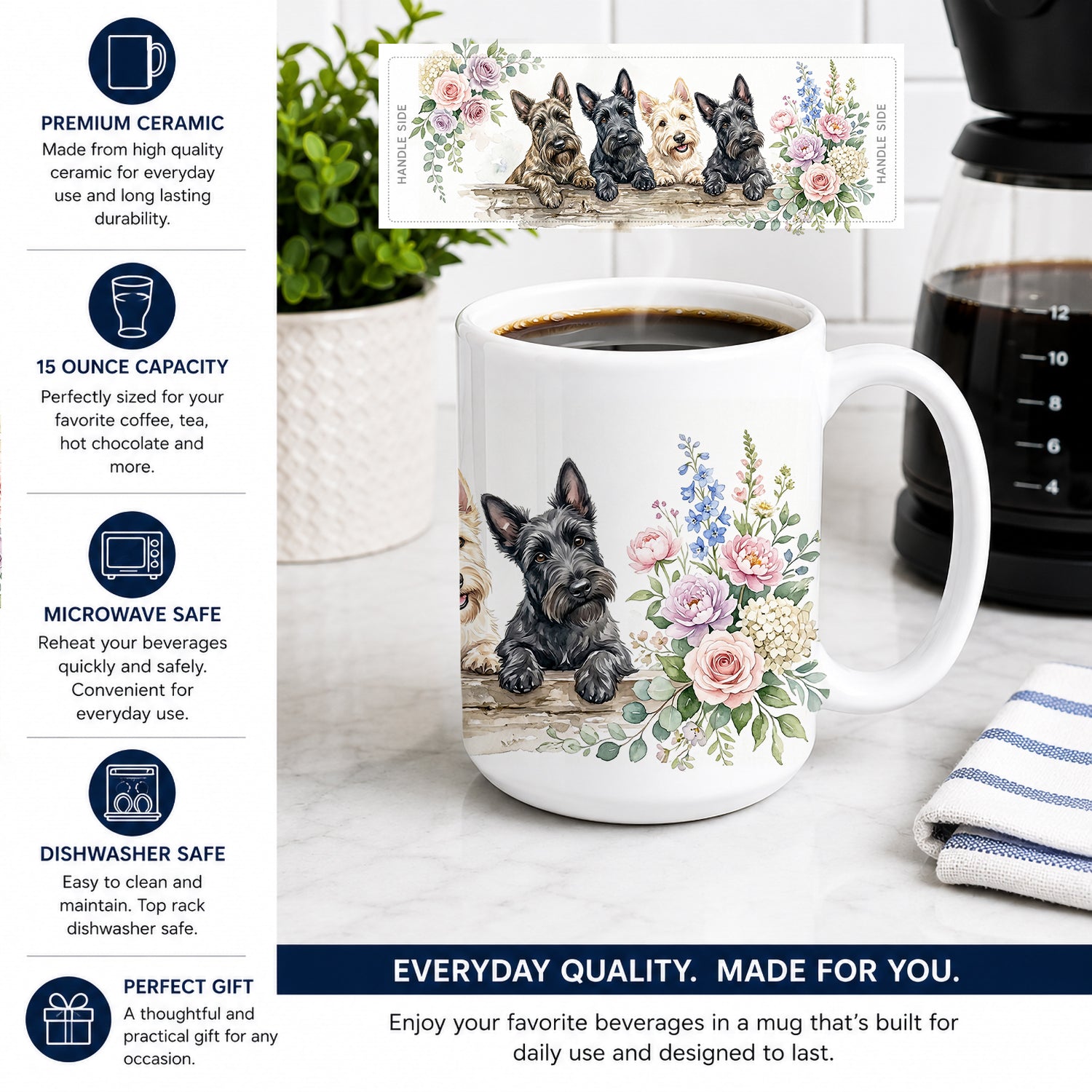 Scottish Terrier Ceramic Coffee Mug 15 oz Decorative Large C Handle Mug Cup for Tea, Cocoa Hot Chocolate