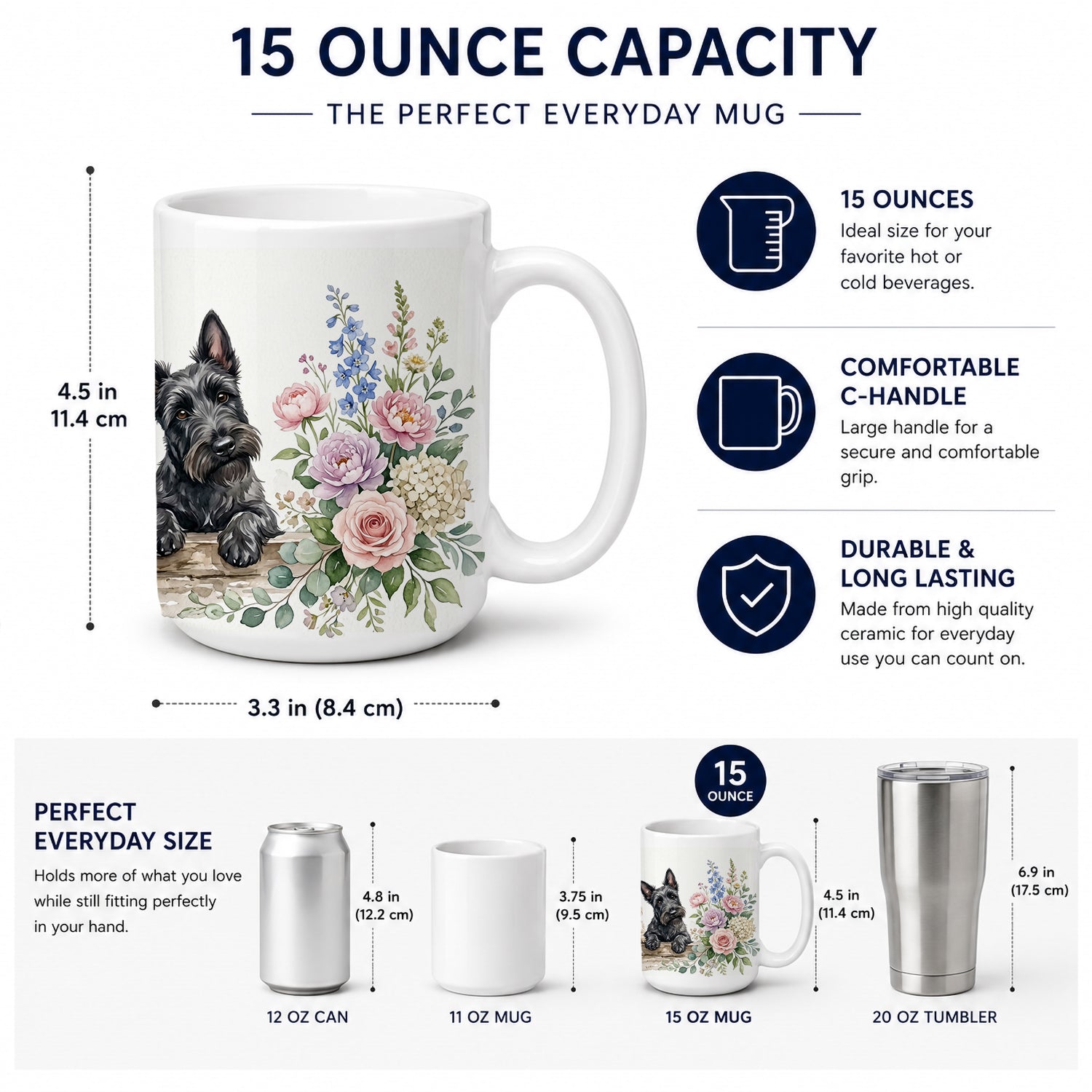 Scottish Terrier Ceramic Coffee Mug 15 oz Decorative Large C Handle Mug Cup for Tea, Cocoa Hot Chocolate