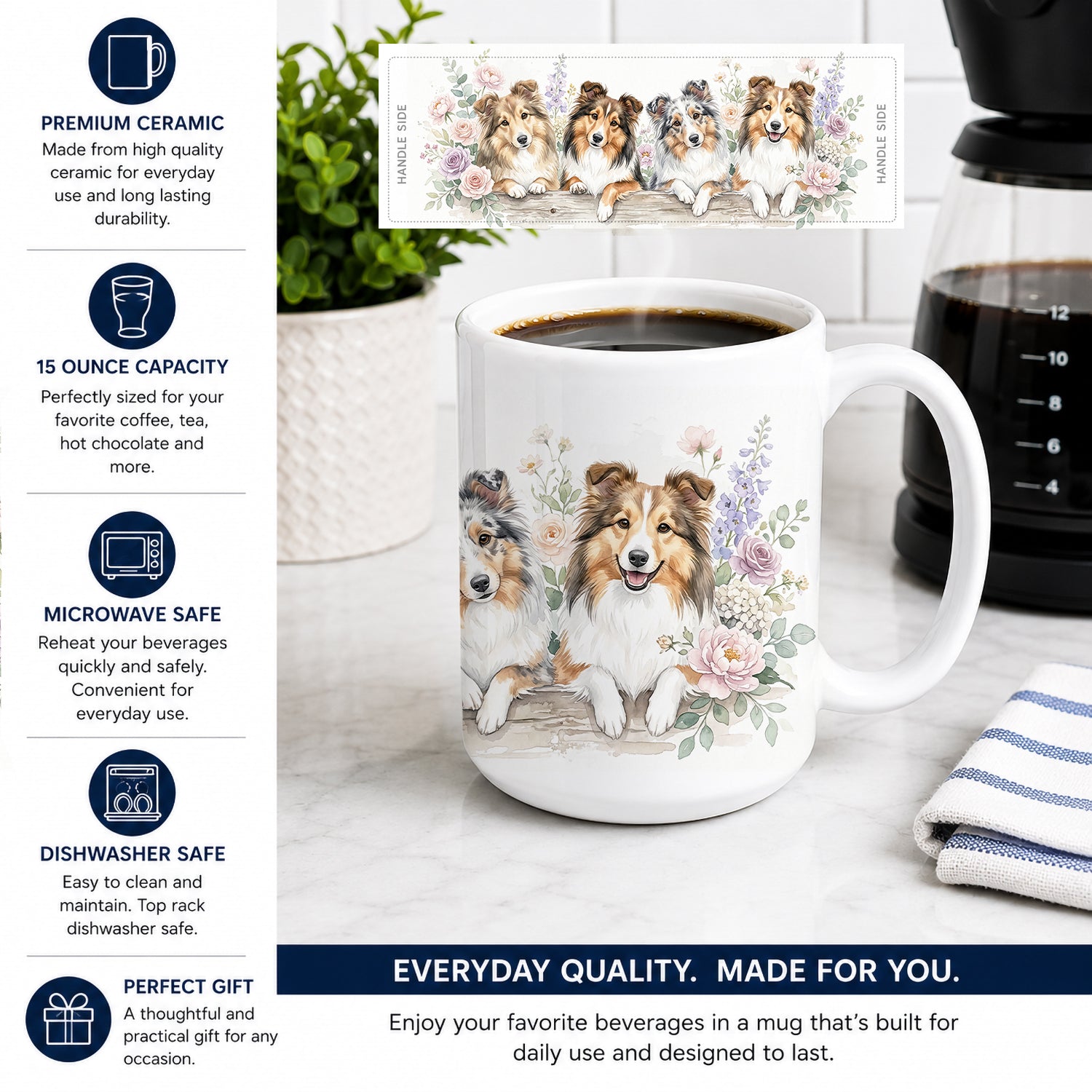 Sheltie Ceramic Coffee Mug 15 oz Decorative Large C Handle Mug Cup for Tea, Cocoa Hot Chocolate