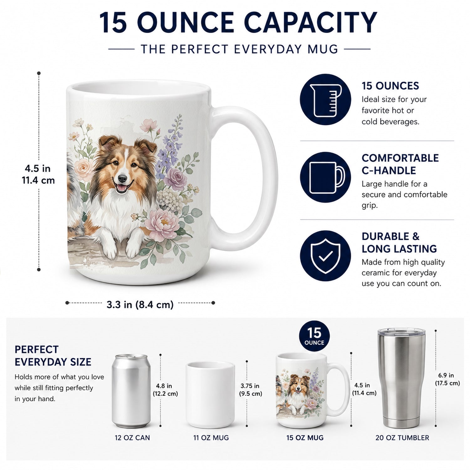 Sheltie Ceramic Coffee Mug 15 oz Decorative Large C Handle Mug Cup for Tea, Cocoa Hot Chocolate