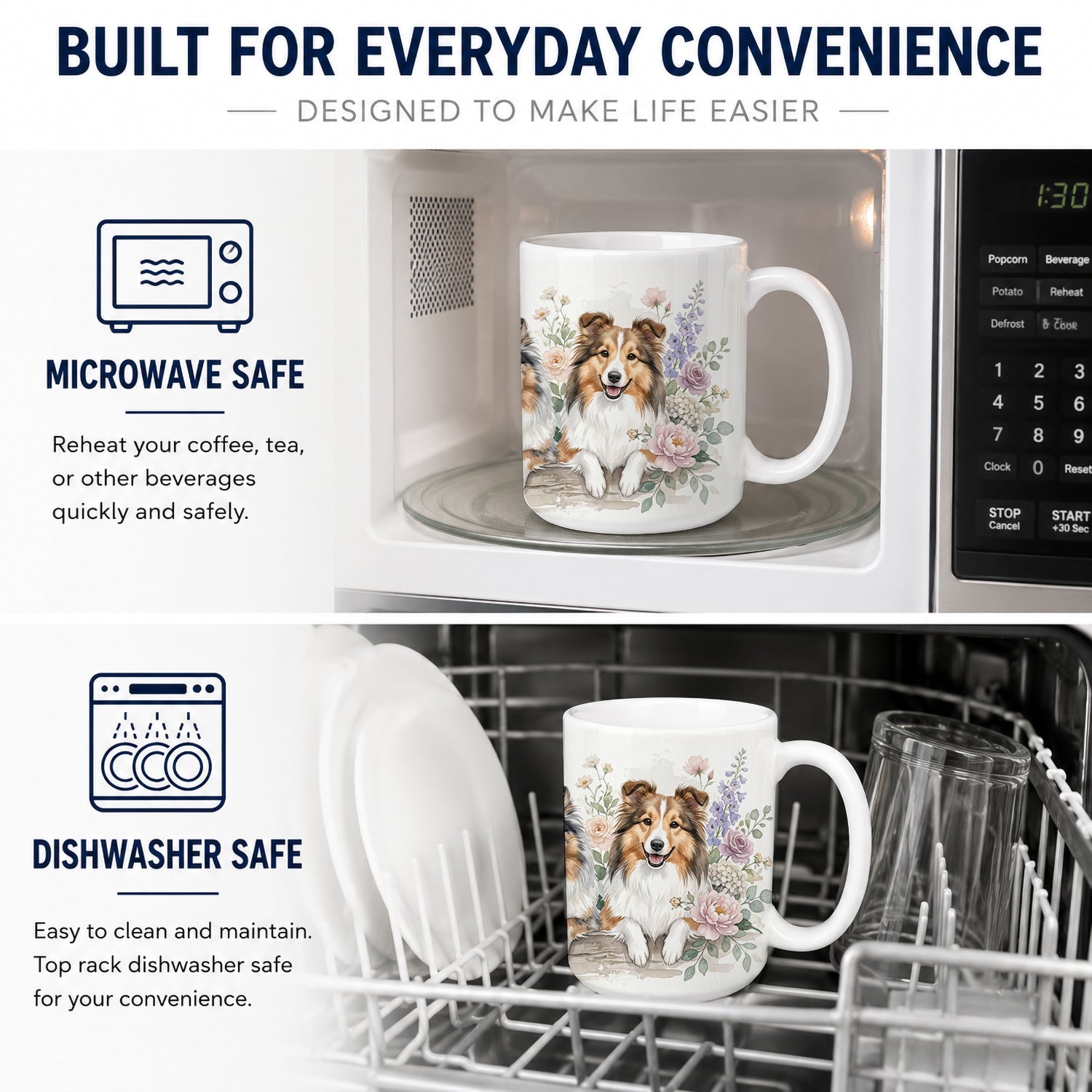 Sheltie Ceramic Coffee Mug 15 oz Decorative Large C Handle Mug Cup for Tea, Cocoa Hot Chocolate
