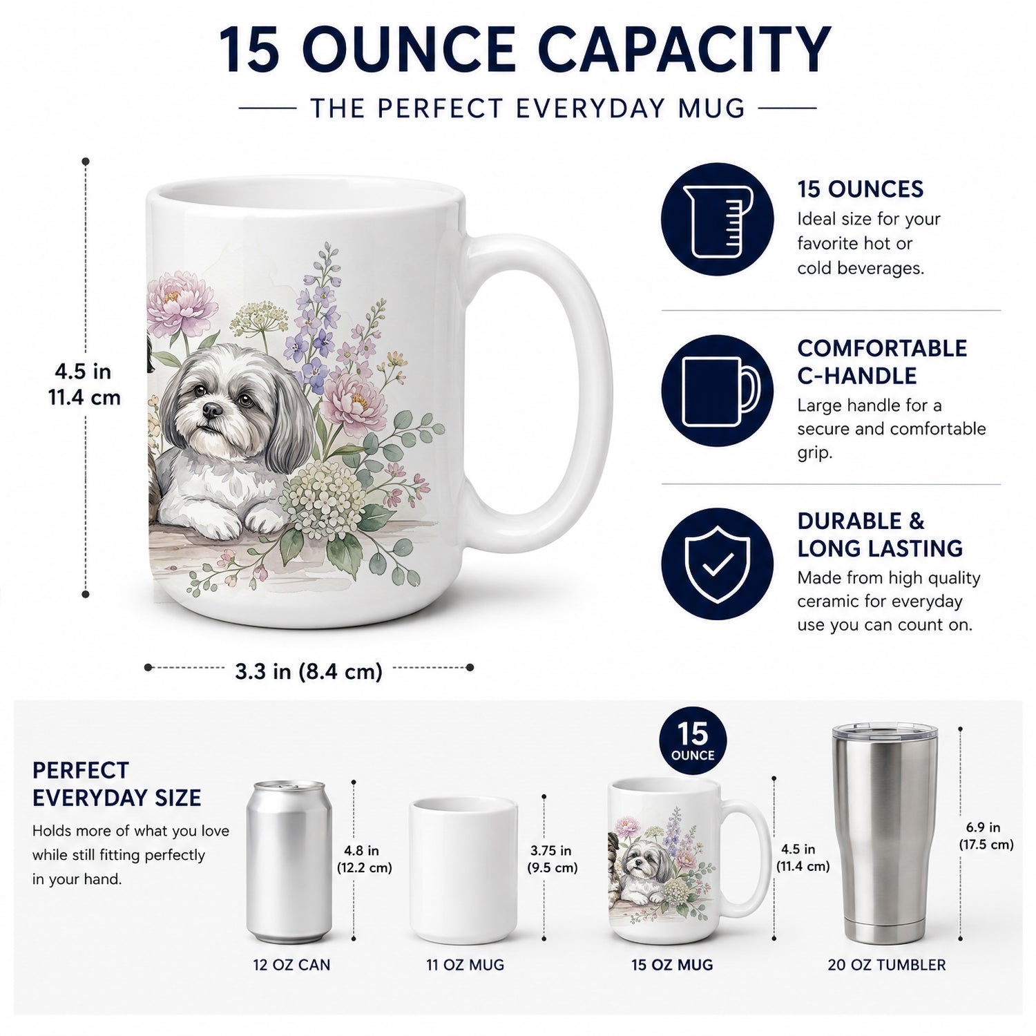 Shih Tzu Ceramic Coffee Mug 15 oz Decorative Large C Handle Mug Cup for Tea, Cocoa Hot Chocolate