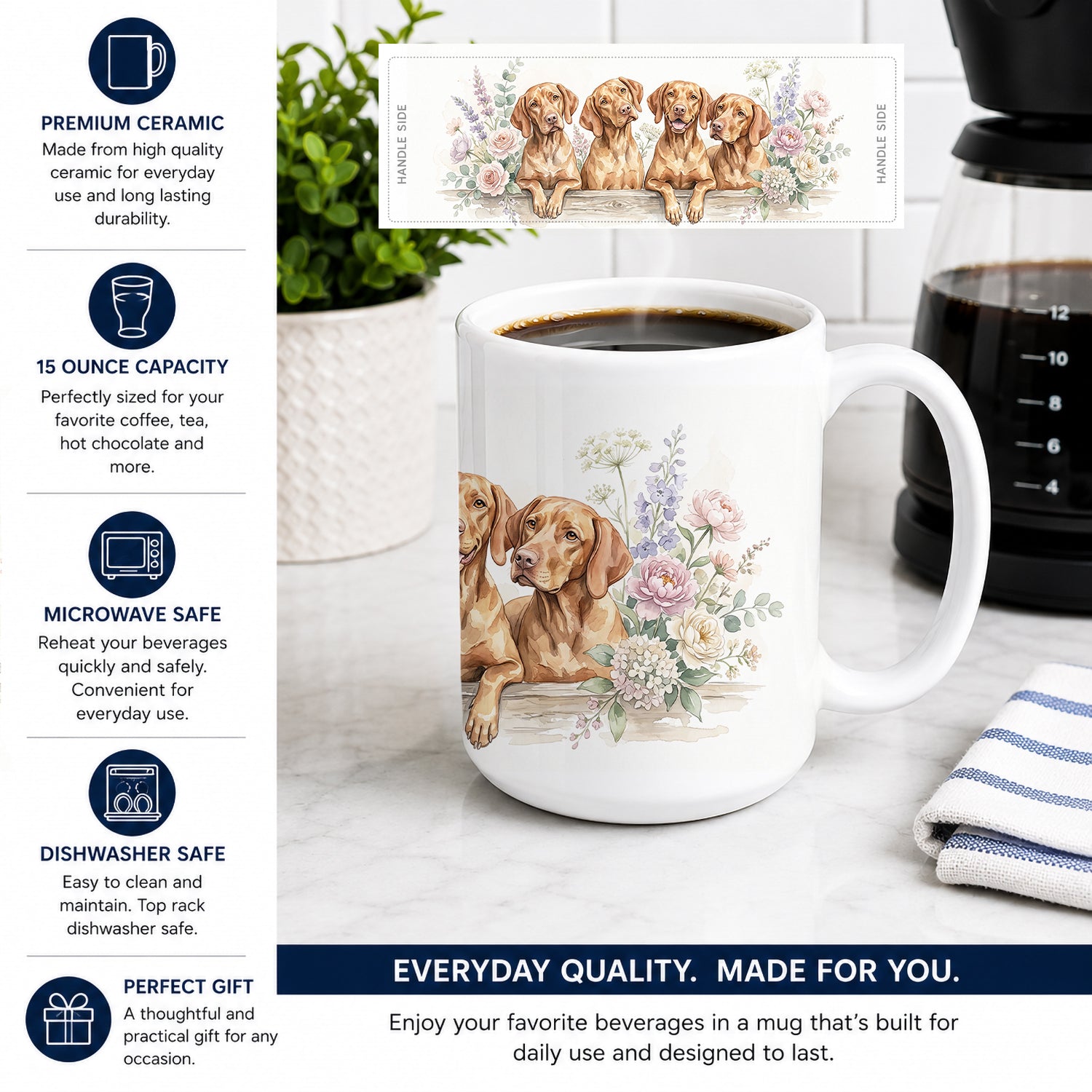Vizsla Ceramic Coffee Mug 15 oz Decorative Large C Handle Mug Cup for Tea, Cocoa Hot Chocolate