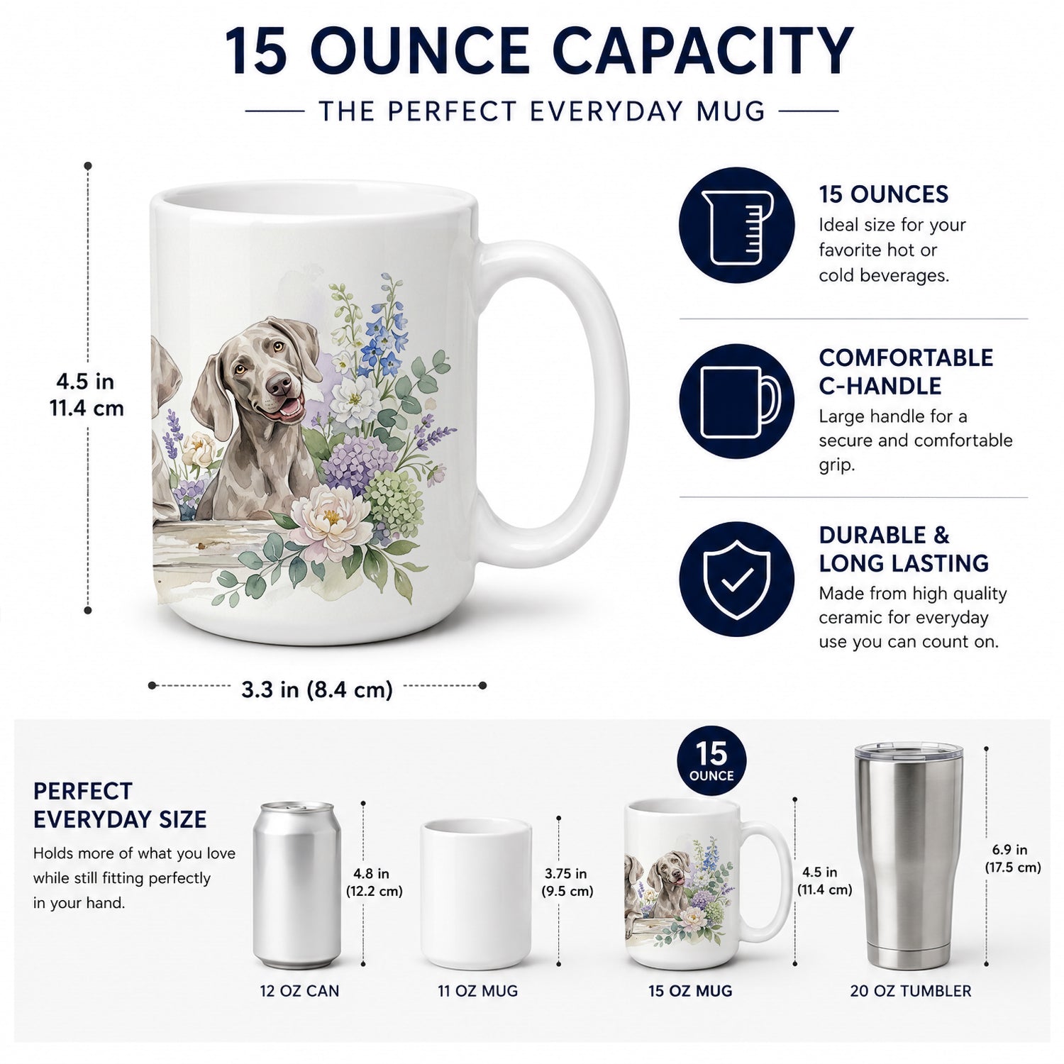 Weimaraner Ceramic Coffee Mug 15 oz Decorative Large C Handle Mug Cup for Tea, Cocoa Hot Chocolate