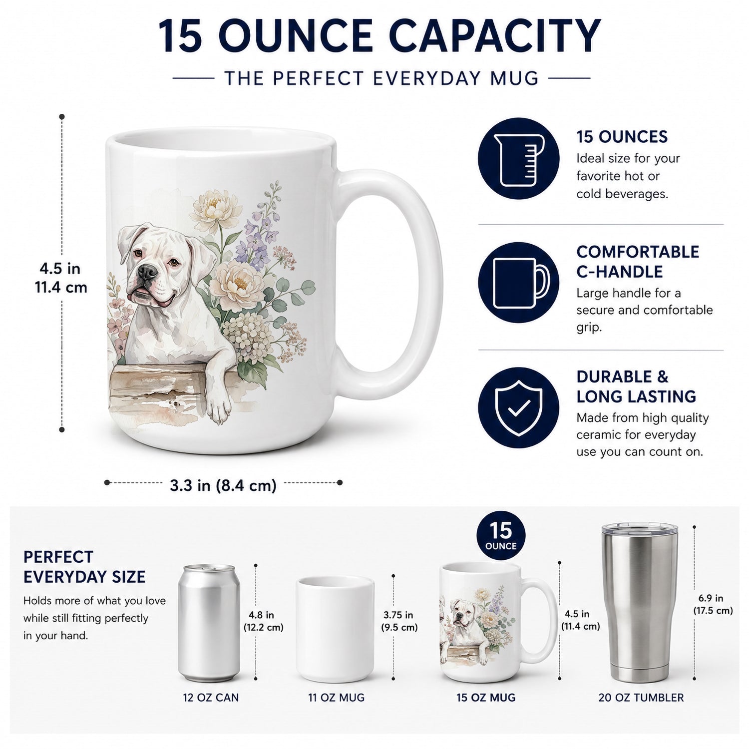 White Boxer Ceramic Coffee Mug 15 oz Decorative Large C Handle Mug Cup for Tea, Cocoa Hot Chocolate