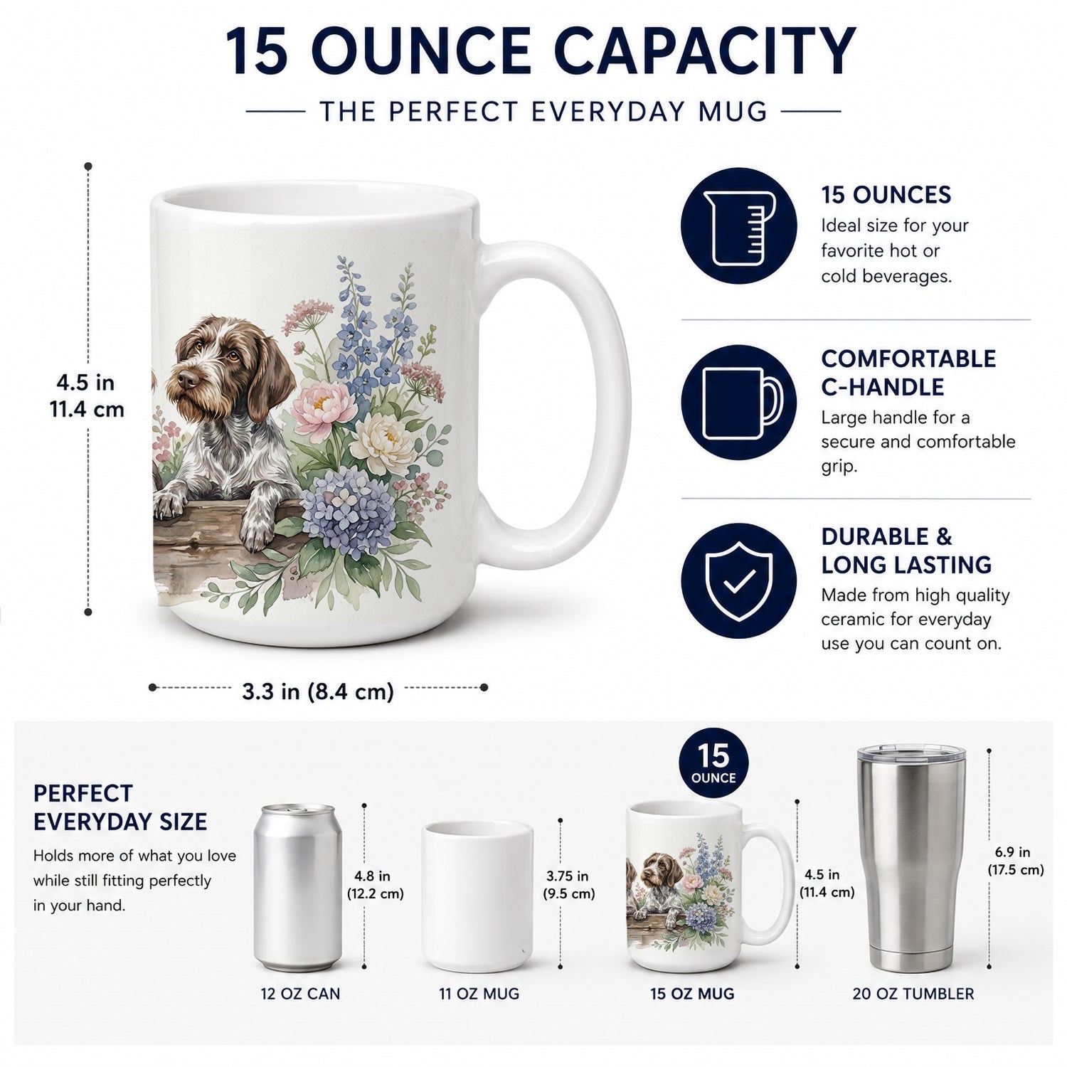 Wirehaired Pointing Griffon Ceramic Coffee Mug 15 oz Decorative Large C Handle Mug Cup for Tea, Cocoa Hot Chocolate