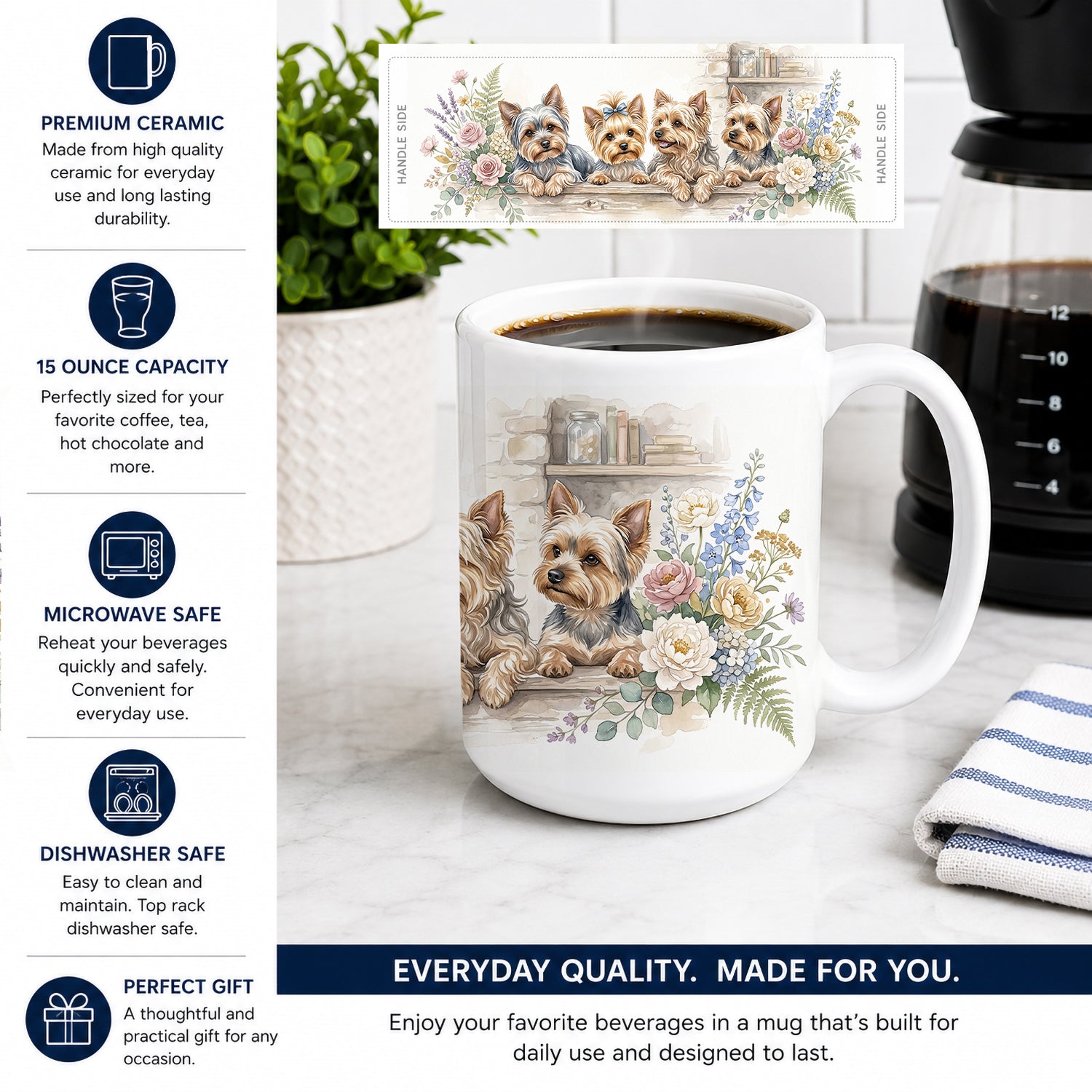 Yorkie Yorkshire Terrier Ceramic Coffee Mug 15 oz Decorative Large C Handle Mug Cup for Tea, Cocoa Hot Chocolate