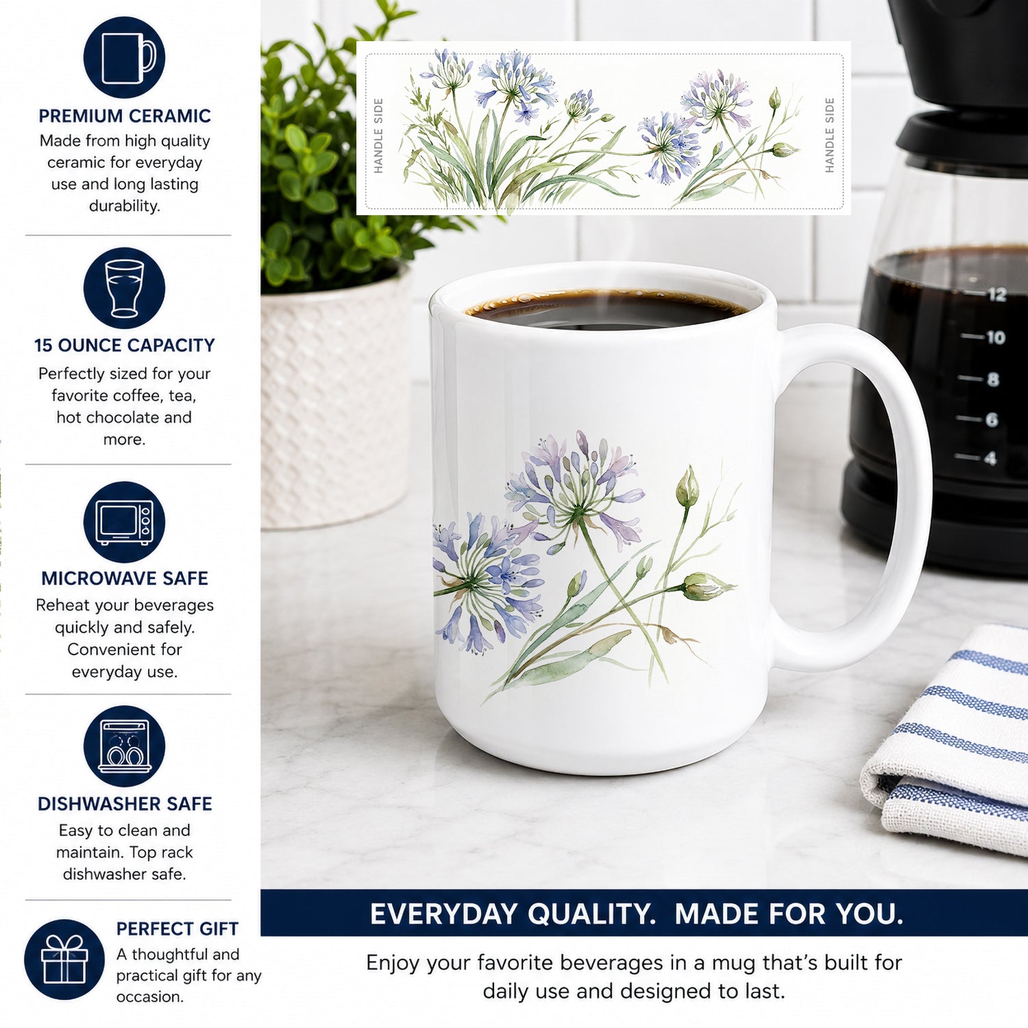 Agapanthus Ceramic Coffee Mug 15 oz Decorative Large C Handle Mug Cup for Tea, Cocoa Hot Chocolate