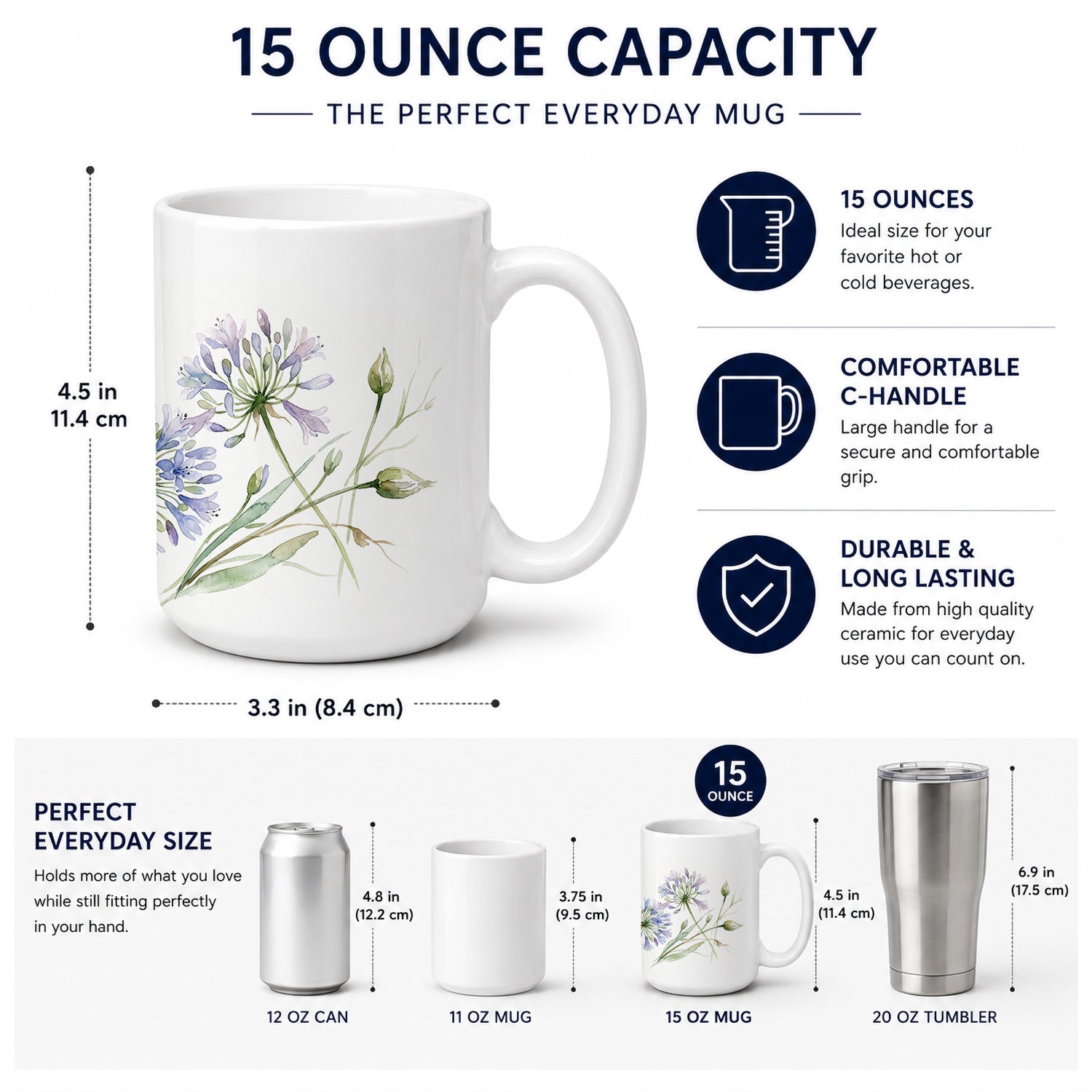 Agapanthus Ceramic Coffee Mug 15 oz Decorative Large C Handle Mug Cup for Tea, Cocoa Hot Chocolate