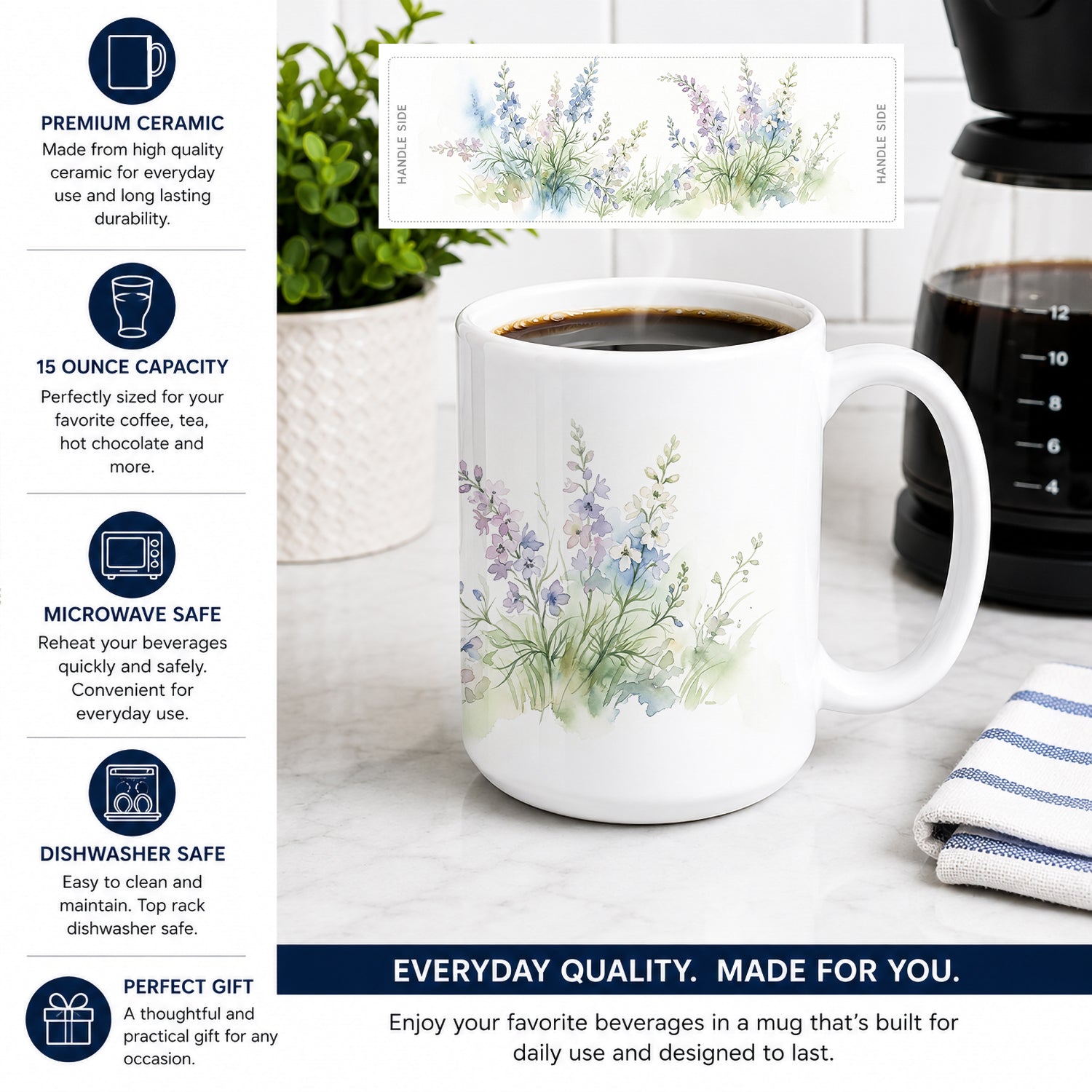 Annual Larkspur Ceramic Coffee Mug 15 oz Decorative Large C Handle Mug Cup for Tea, Cocoa Hot Chocolate