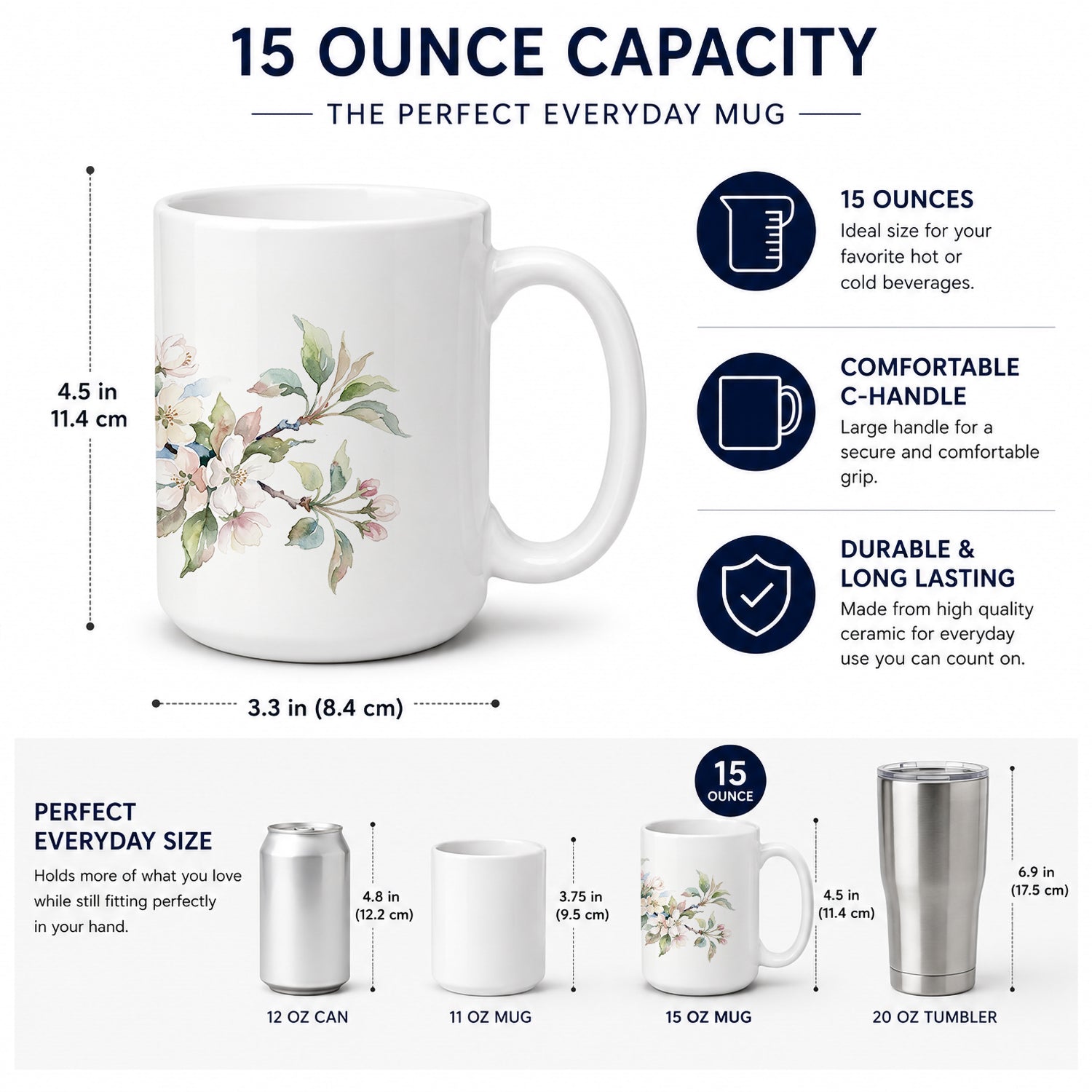 Apple Blossom Ceramic Coffee Mug 15 oz Decorative Large C Handle Mug Cup for Tea, Cocoa Hot Chocolate