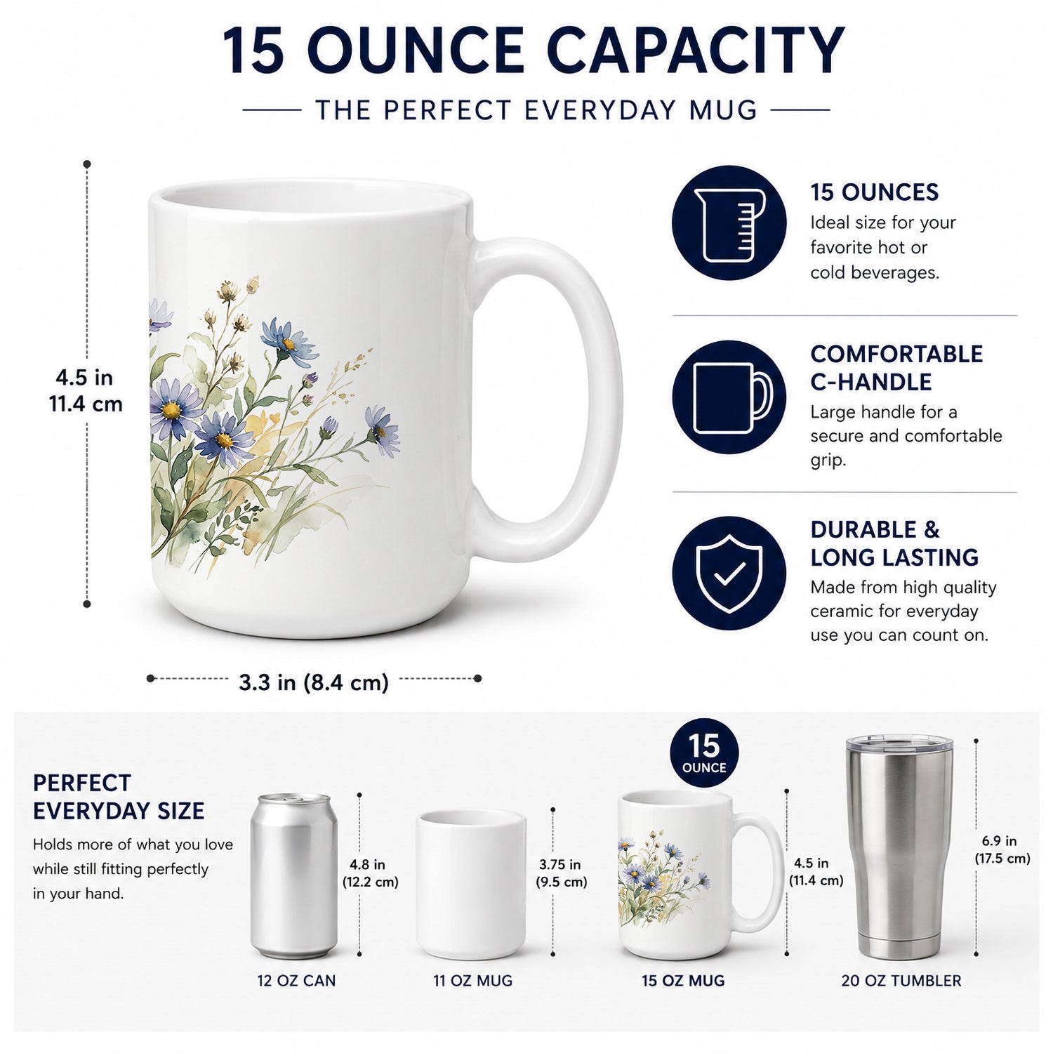 Asters Ceramic Coffee Mug 15 oz Decorative Large C Handle Mug Cup for Tea, Cocoa Hot Chocolate