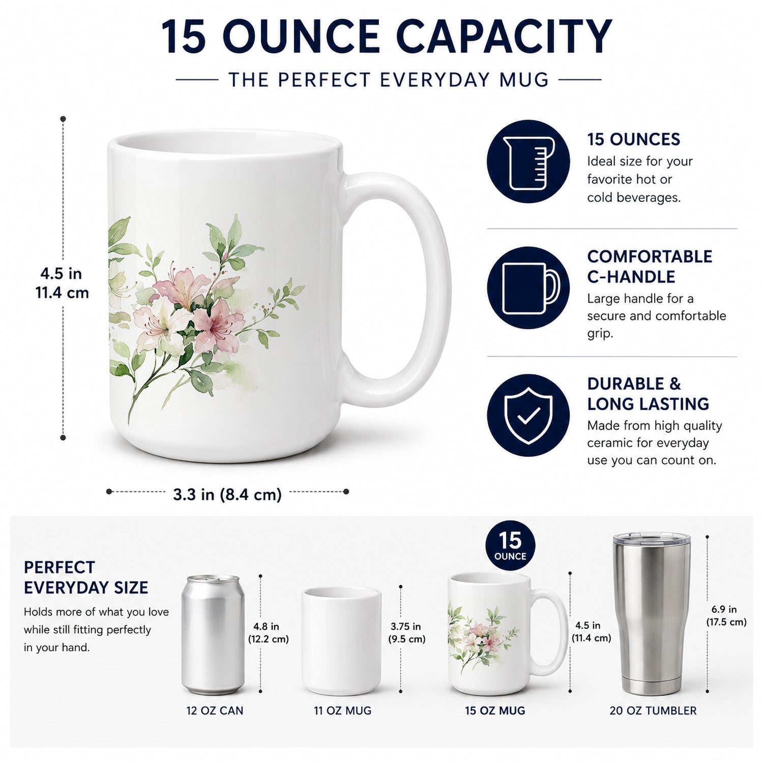 Azaleas Ceramic Coffee Mug 15 oz Decorative Large C Handle Mug Cup for Tea, Cocoa Hot Chocolate