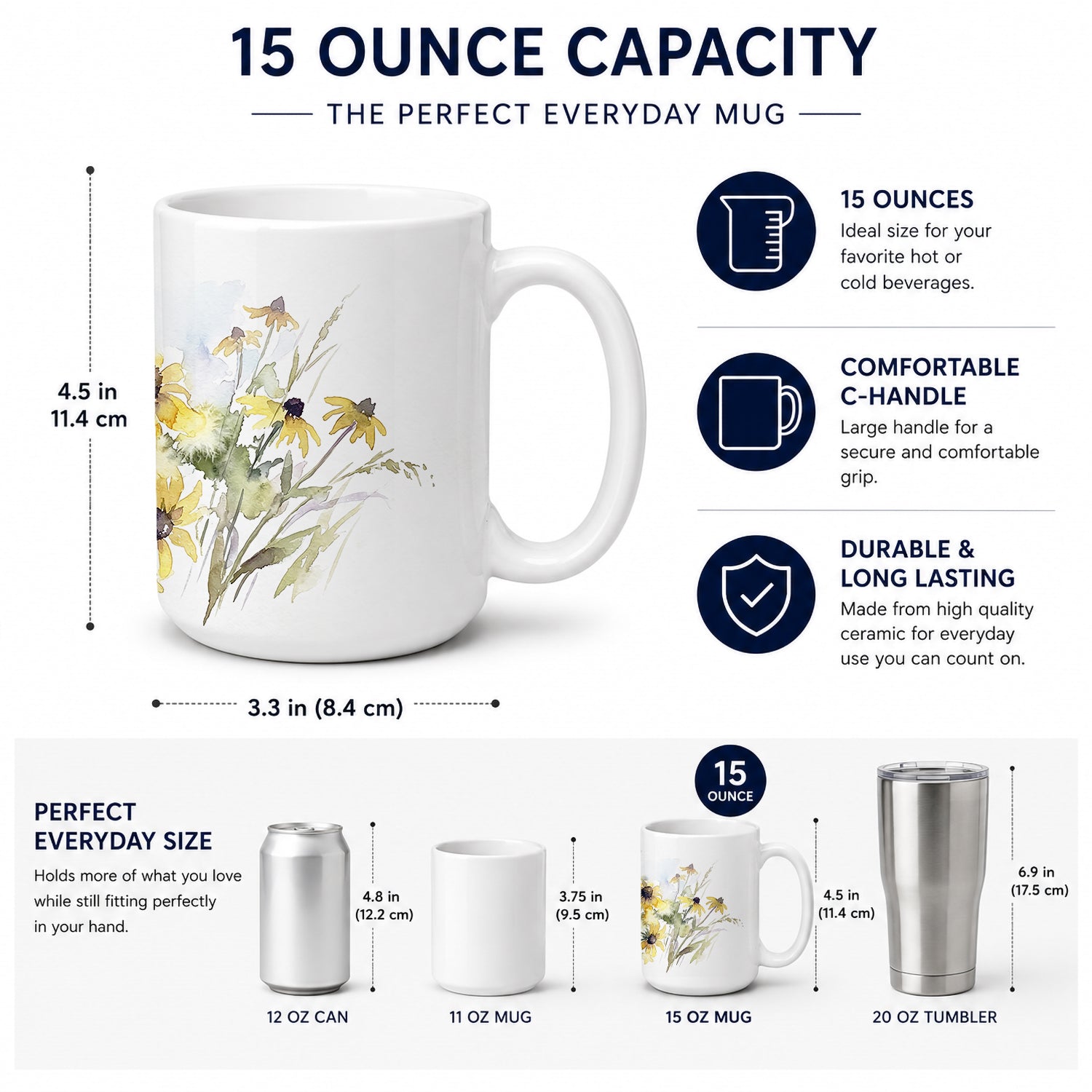 Black-eyed Susans Ceramic Coffee Mug 15 oz Decorative Large C Handle Mug Cup for Tea, Cocoa Hot Chocolate