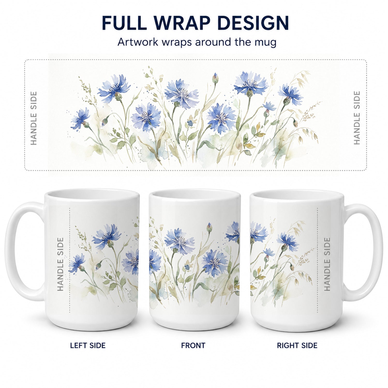 Blue Cornflowers Ceramic Coffee Mug 15 oz Decorative Large C Handle Mug Cup for Tea, Cocoa Hot Chocolate