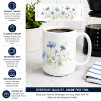Blue Cornflowers Ceramic Coffee Mug 15 oz Decorative Large C Handle Mug Cup for Tea, Cocoa Hot Chocolate