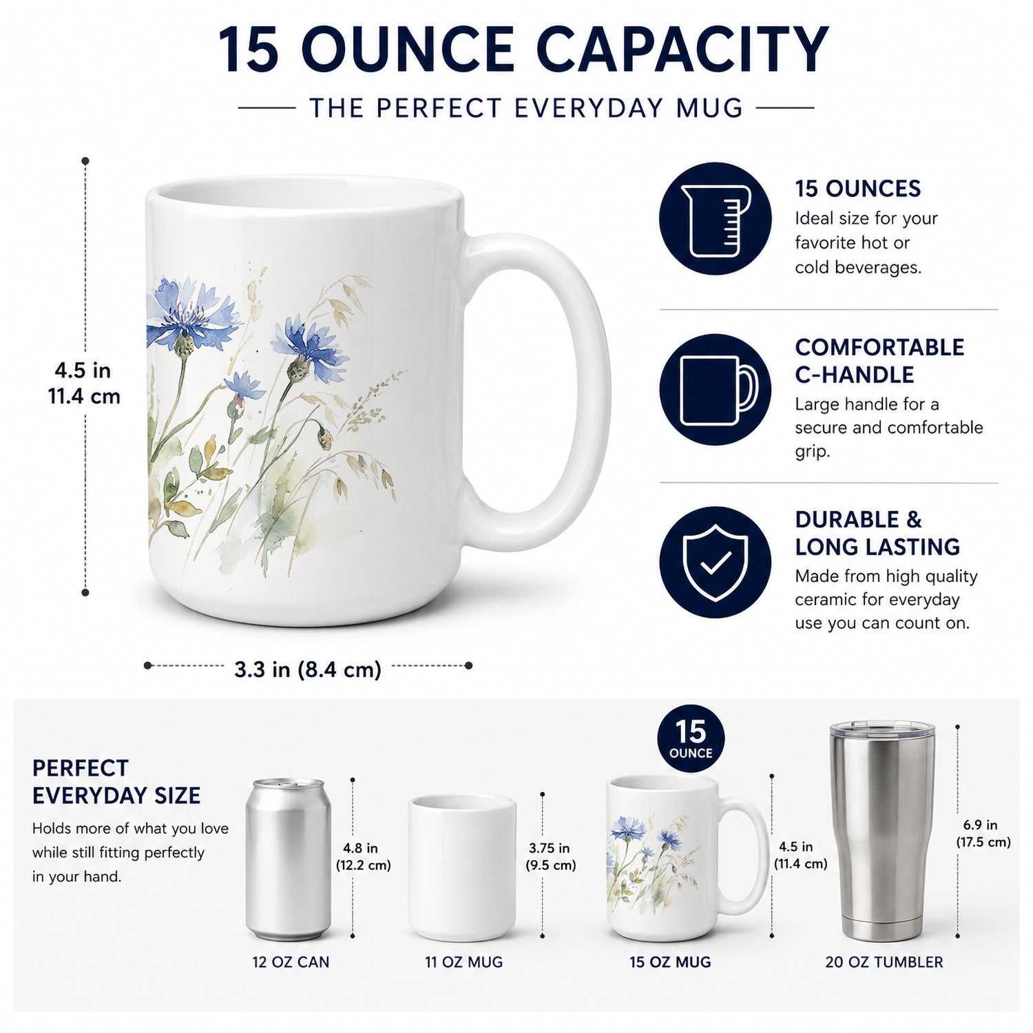 Blue Cornflowers Ceramic Coffee Mug 15 oz Decorative Large C Handle Mug Cup for Tea, Cocoa Hot Chocolate