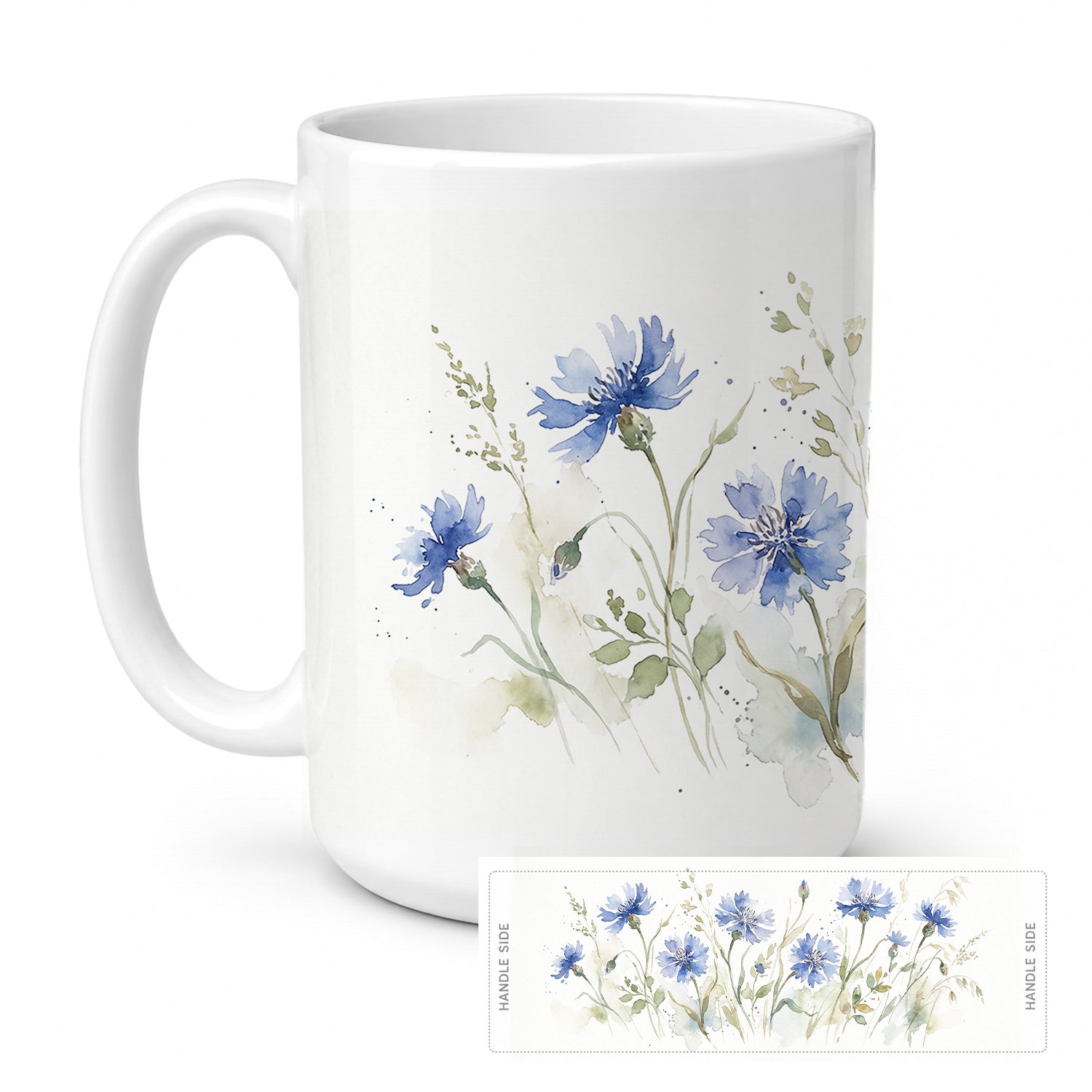 Blue Cornflowers Ceramic Coffee Mug 15 oz Decorative Large C Handle Mug Cup for Tea, Cocoa Hot Chocolate