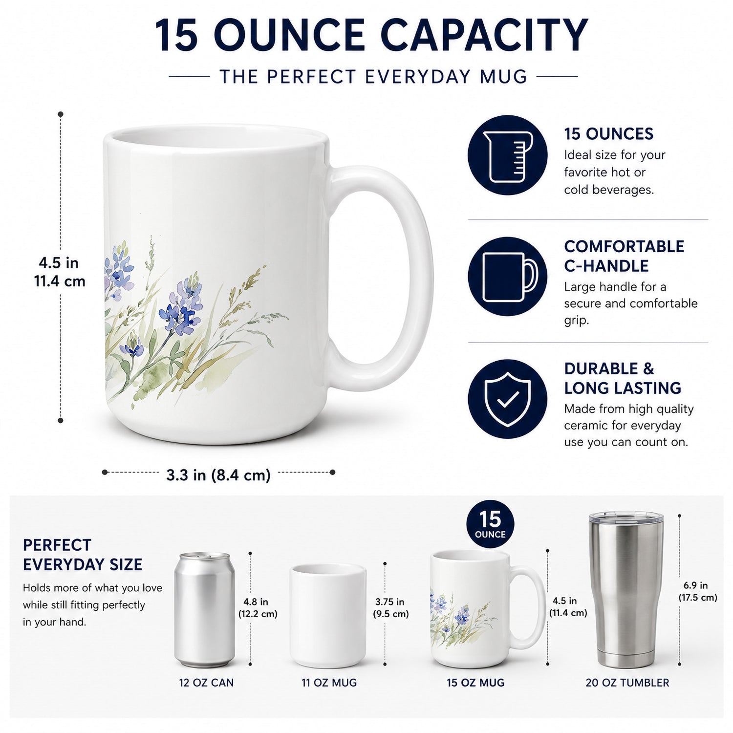 Bluebonnets Ceramic Coffee Mug 15 oz Decorative Large C Handle Mug Cup for Tea, Cocoa Hot Chocolate