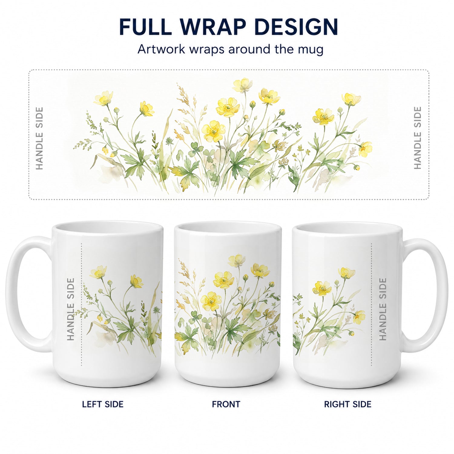 Buttercups Ceramic Coffee Mug 15 oz Decorative Large C Handle Mug Cup for Tea, Cocoa Hot Chocolate