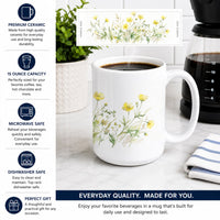 Buttercups Ceramic Coffee Mug 15 oz Decorative Large C Handle Mug Cup for Tea, Cocoa Hot Chocolate