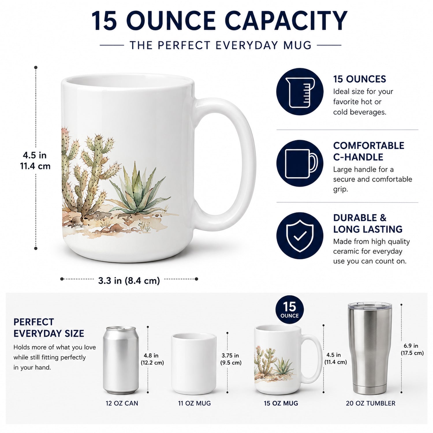 Cactus Ceramic Coffee Mug 15 oz Decorative Large C Handle Mug Cup for Tea, Cocoa Hot Chocolate