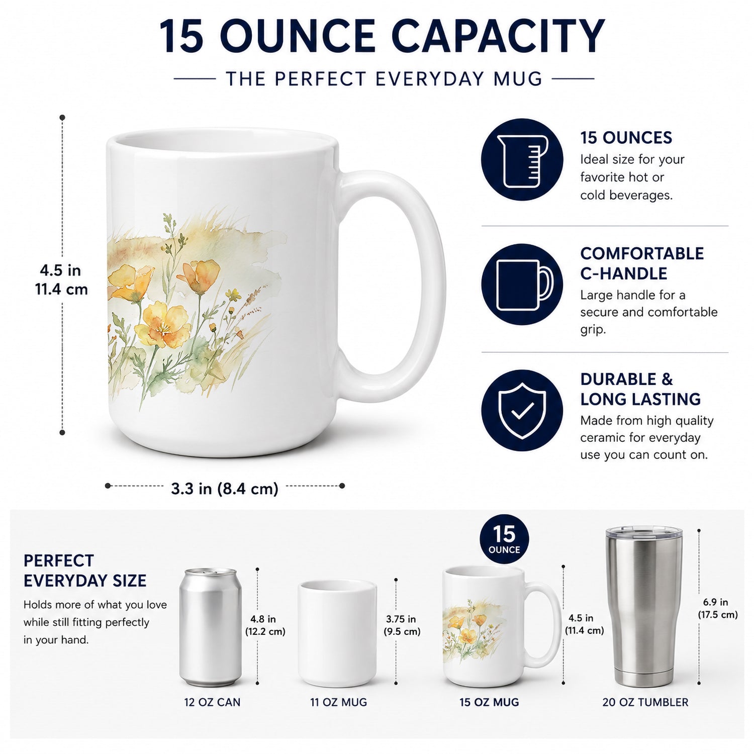 California Poppies Ceramic Coffee Mug 15 oz Decorative Large C Handle Mug Cup for Tea, Cocoa Hot Chocolate