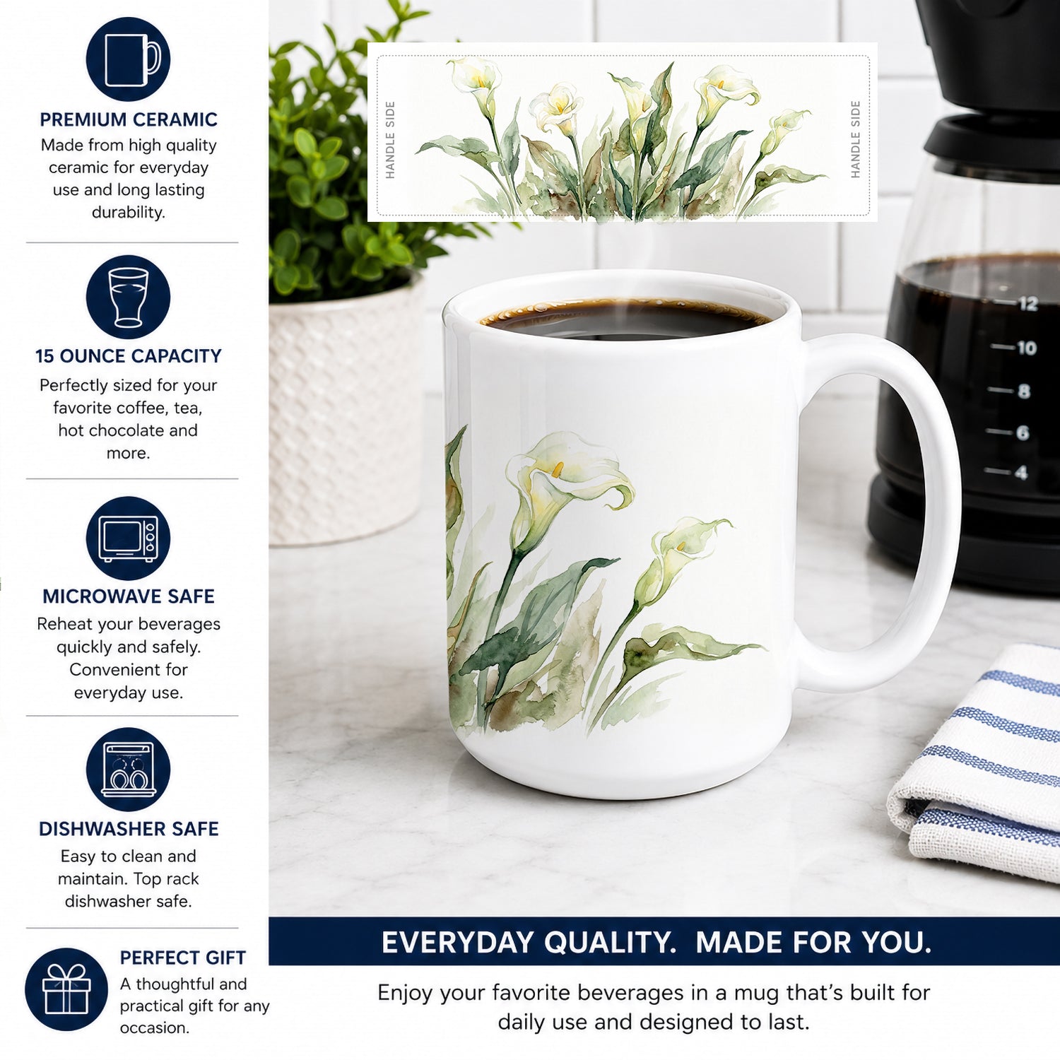 Calla Lilies Ceramic Coffee Mug 15 oz Decorative Large C Handle Mug Cup for Tea, Cocoa Hot Chocolate