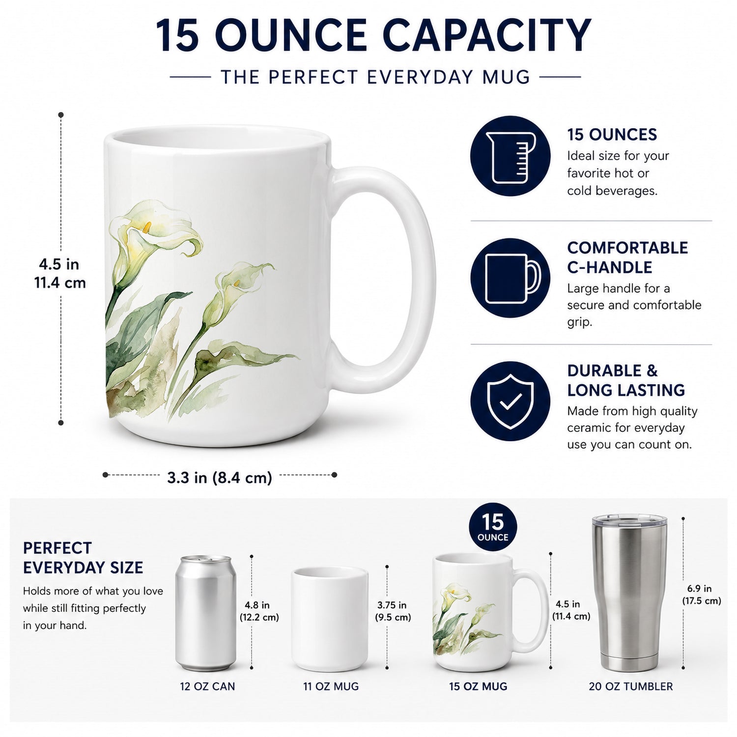 Calla Lilies Ceramic Coffee Mug 15 oz Decorative Large C Handle Mug Cup for Tea, Cocoa Hot Chocolate