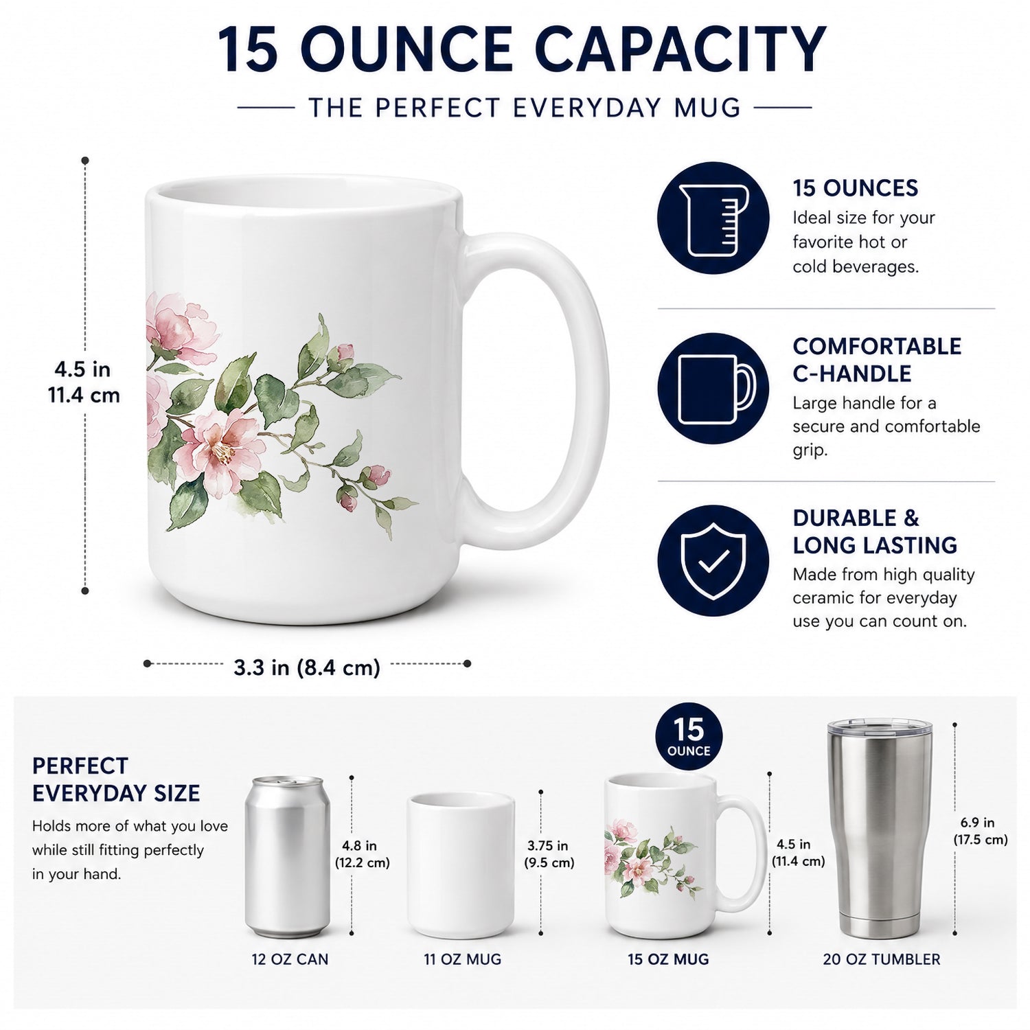 Camellias Ceramic Coffee Mug 15 oz Decorative Large C Handle Mug Cup for Tea, Cocoa Hot Chocolate