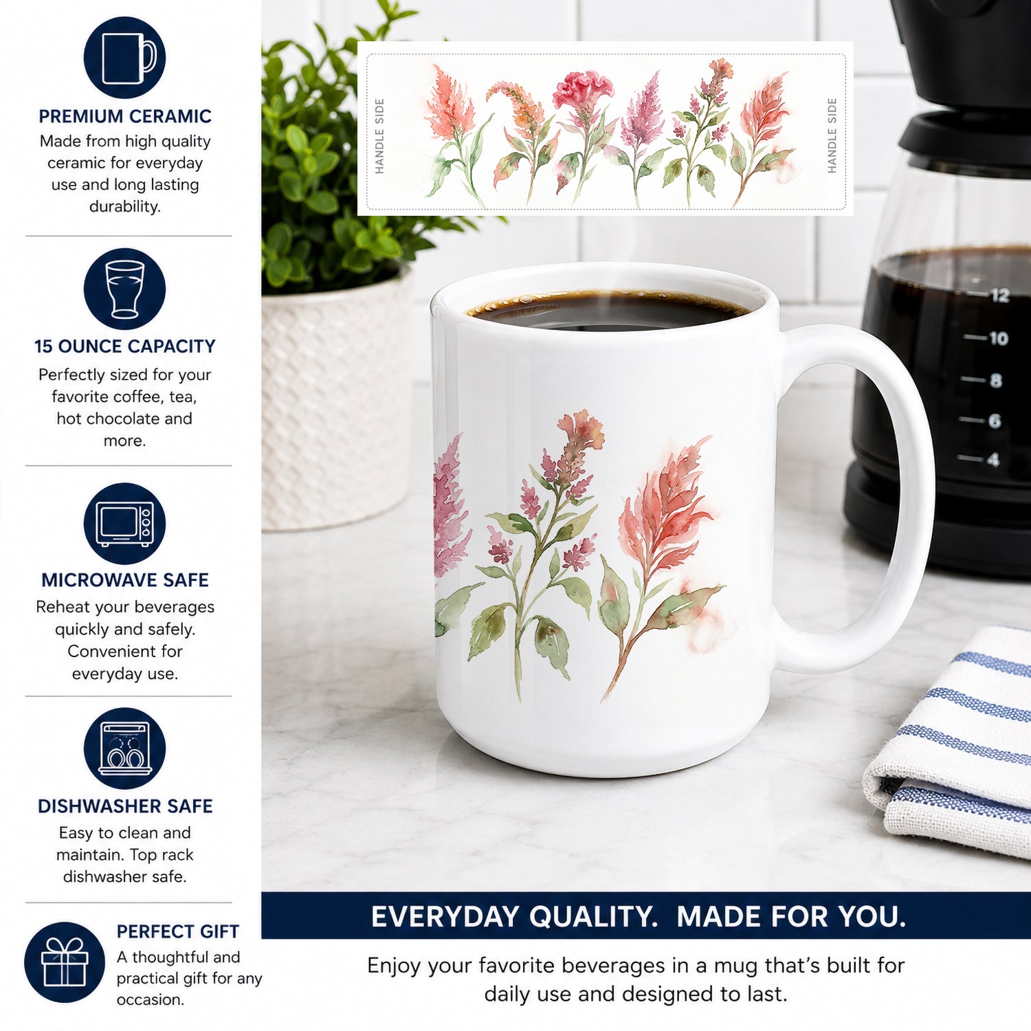 Celosia Ceramic Coffee Mug 15 oz Decorative Large C Handle Mug Cup for Tea, Cocoa Hot Chocolate